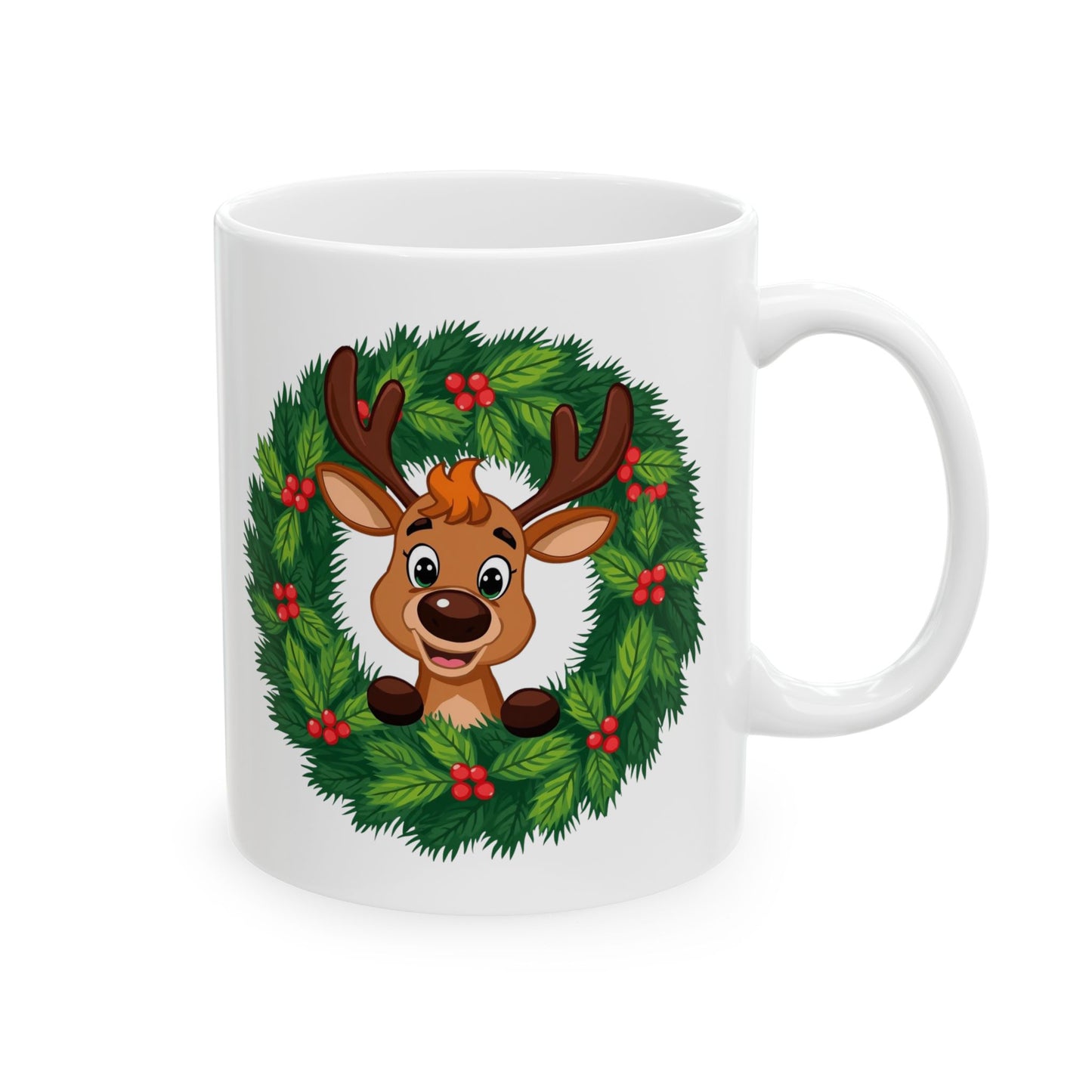 Reindeer in the Wreath Mug – Cute Holiday Coffee Cup, Festive Reindeer Ceramic Mug, Christmas Gift Idea (11oz/15oz)