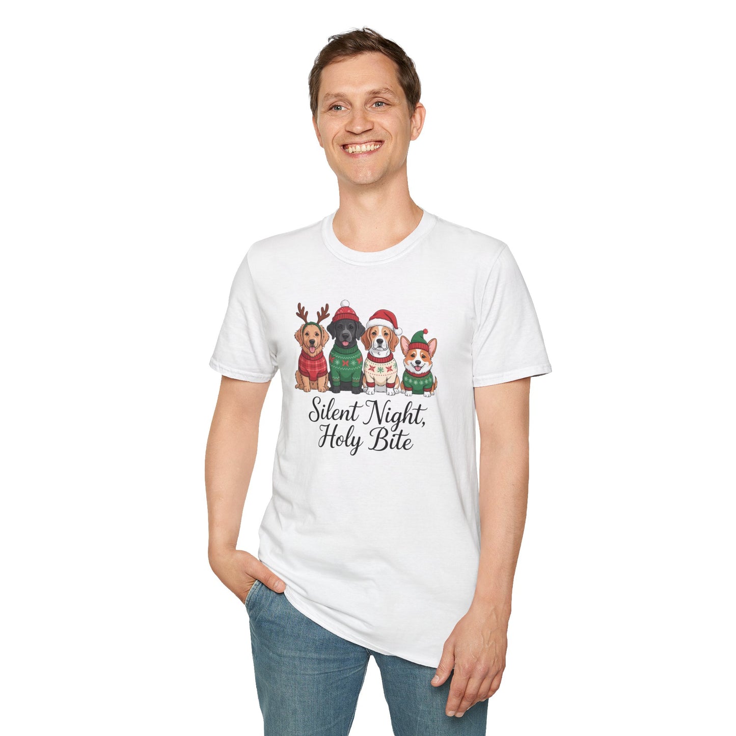Silent Night Holy Bite Christmas Dog T-Shirt – Cute Holiday Puppy Sweater Tee, Funny Christmas Dog Lover Shirt