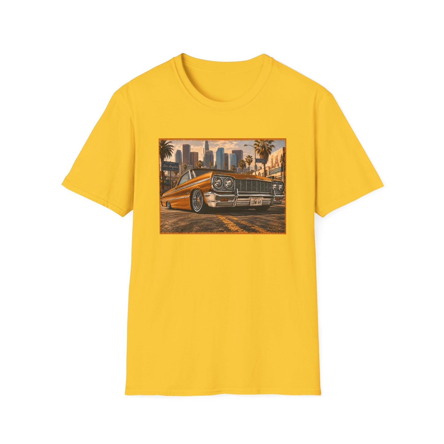 Los Angeles Lowrider T-Shirt, Orange Classic Car Graphic Tee, 1964 Style Car Shirt for Car Lovers