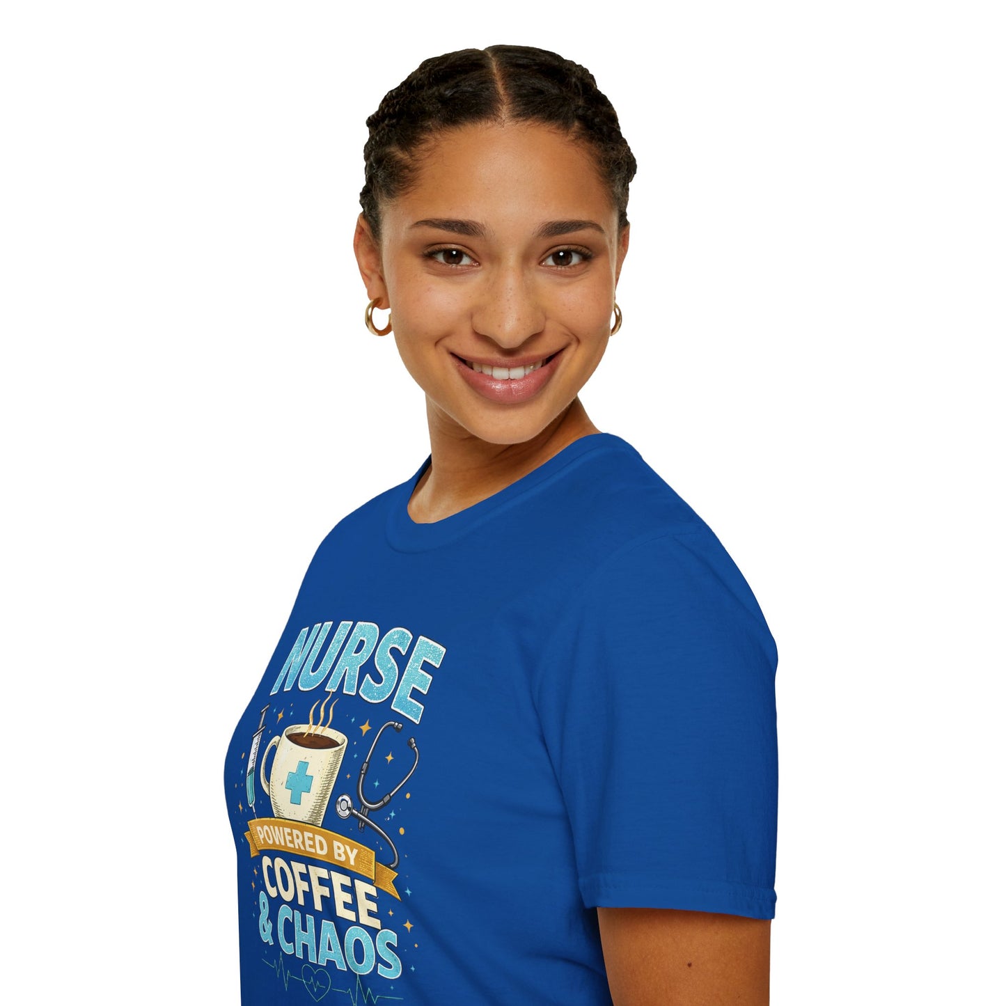 Nurse Powered by Coffee & Chaos Shirt, Funny Nurse Tee, RN CNA Gift, Nurse Life Graphic T-Shirt, Medical Worker Gift, Cute Nursing Shirt for Women Men