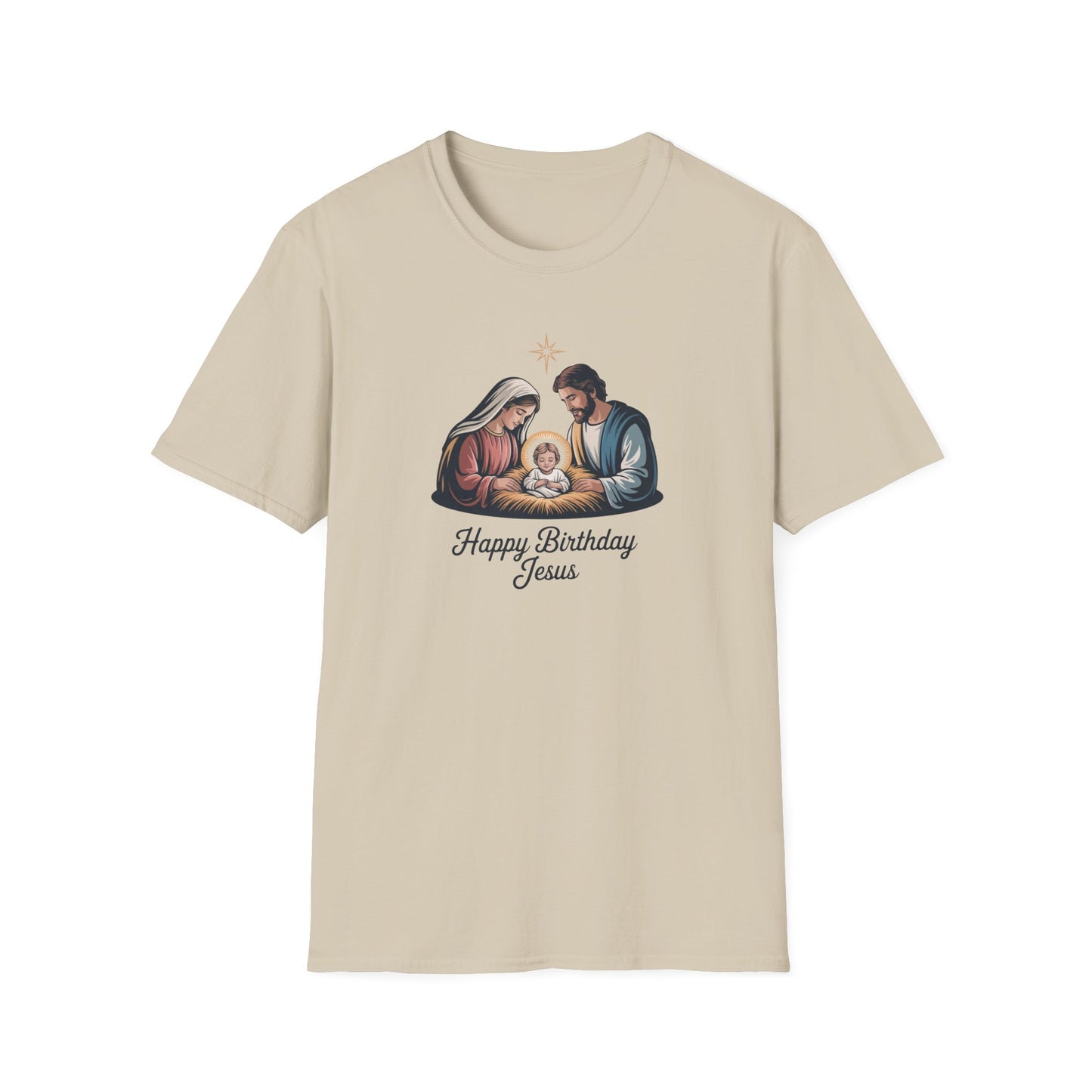 Happy Birthday Jesus Nativity T-Shirt – Christian Christmas Shirt with Mary Joseph & Baby Jesus, Faith Holiday Tee