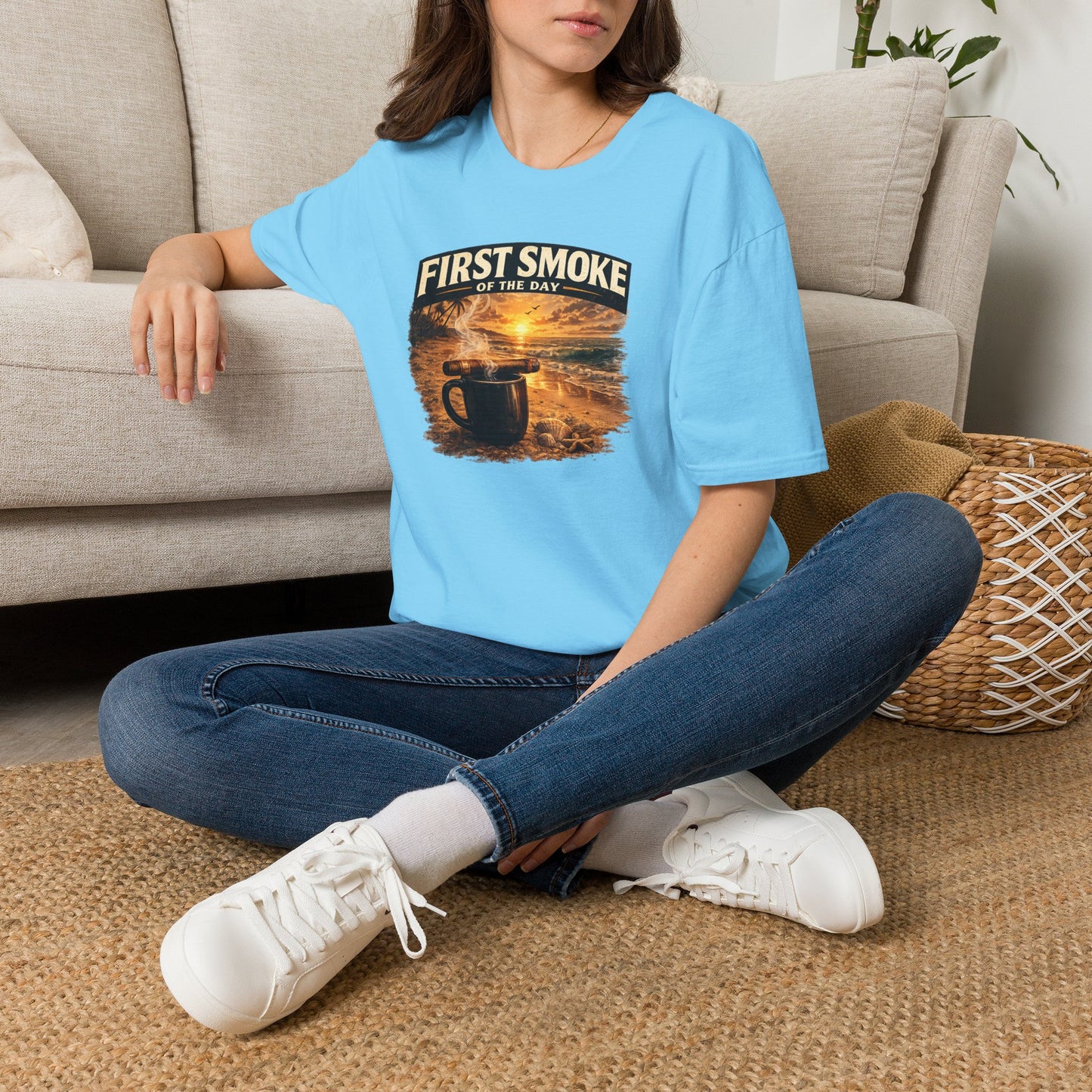 First Smoke of the Day T-Shirt – Cigar & Coffee Beach Sunrise Tee