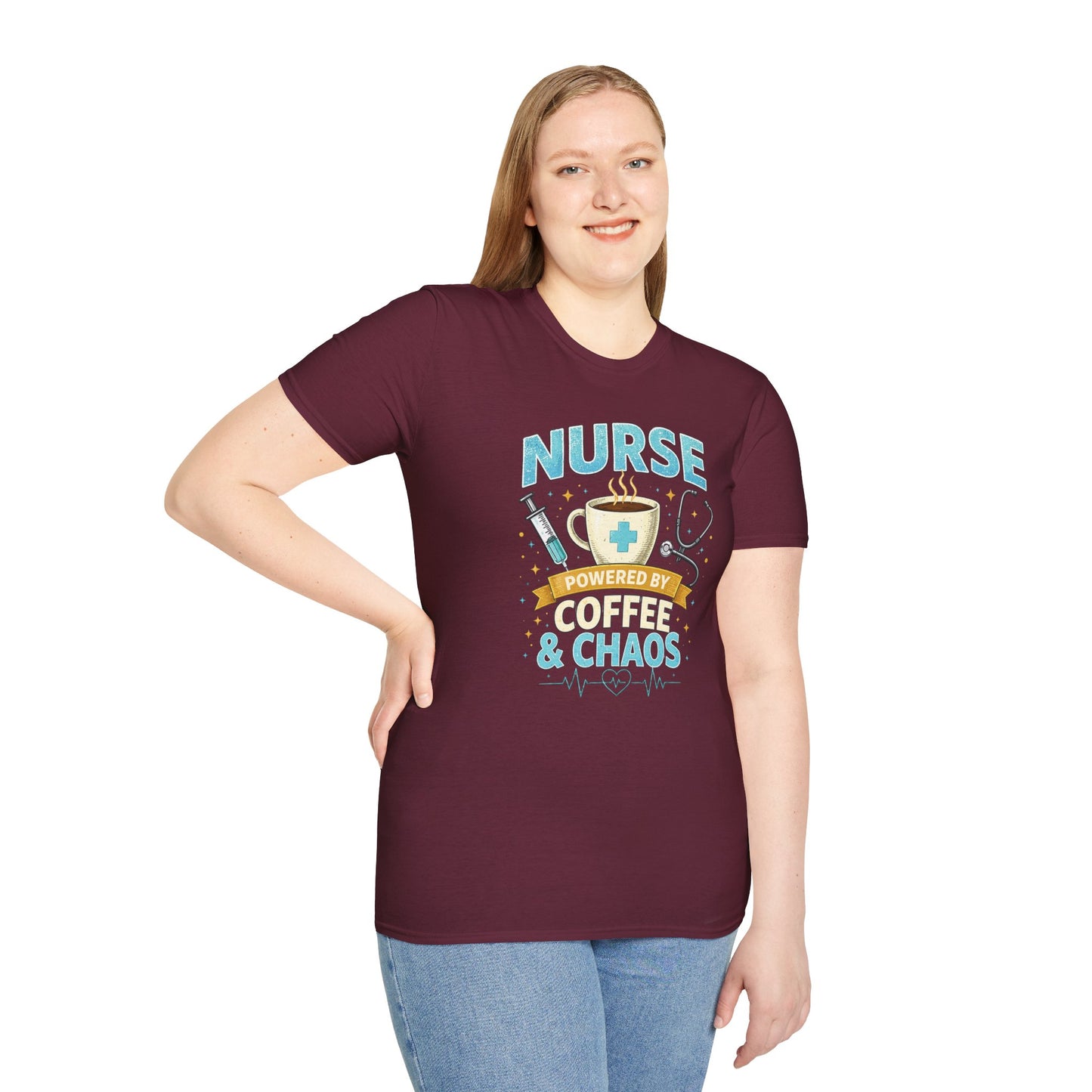 Nurse Powered by Coffee & Chaos Shirt, Funny Nurse Tee, RN CNA Gift, Nurse Life Graphic T-Shirt, Medical Worker Gift, Cute Nursing Shirt for Women Men