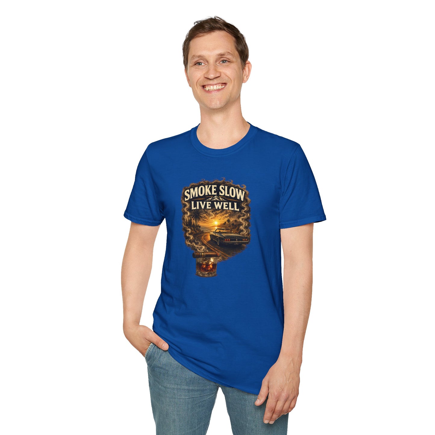 Smoke Slow Live Well Classic Car T-Shirt – Cigar, Whiskey & Sunset Cruise Tee  ⭐ Product Description