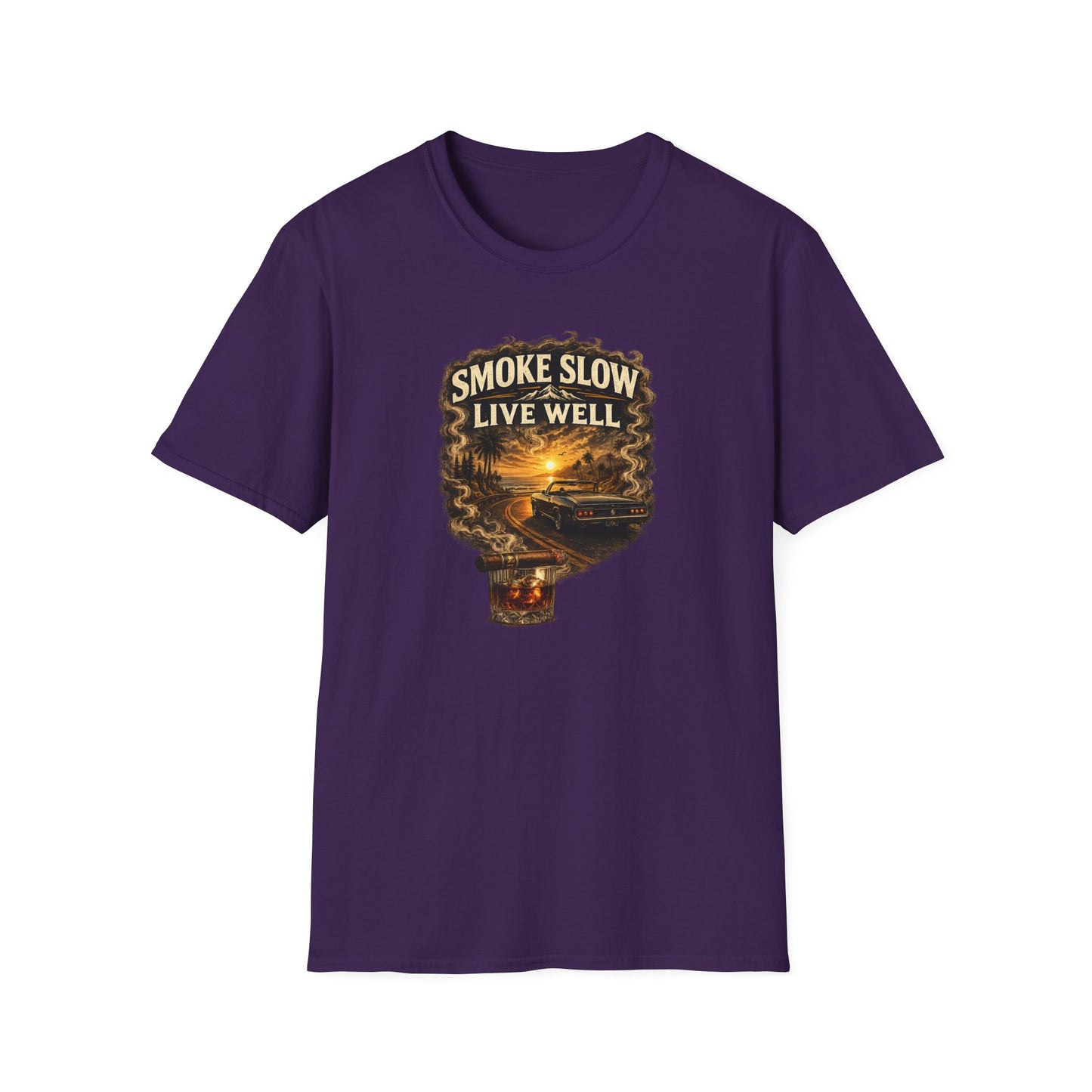 Smoke Slow Live Well Classic Car T-Shirt – Cigar, Whiskey & Sunset Cruise Tee  ⭐ Product Description