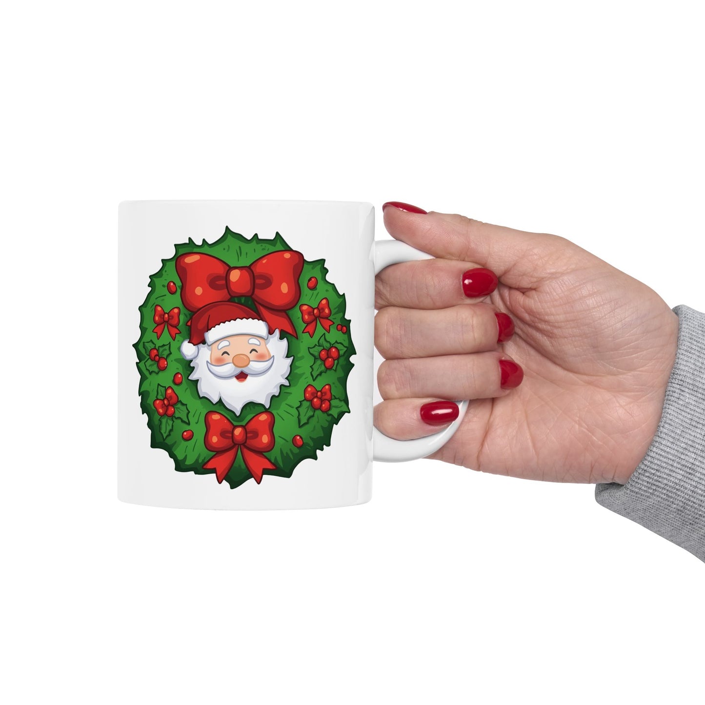 Santa in the Wreath Mug – Cute Holiday Coffee Cup, Festive Santa Ceramic Mug, Christmas Gift Idea (11oz/15oz)