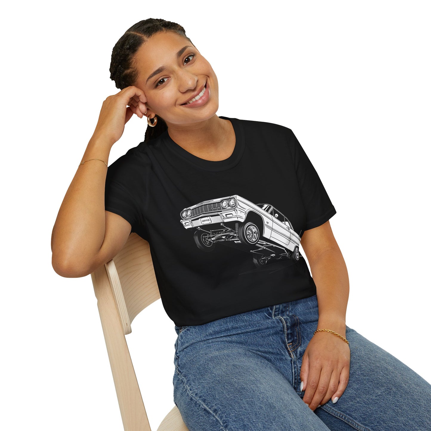 1964 Chevy Impala Hydraulics Lowrider Ink Drawing T-Shirt - Old School Hip Hop Cholo Art Tee Design - Chicano Car Club Graphic Tee