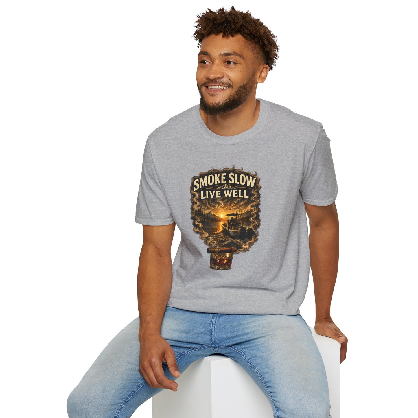Smoke Slow Live Well Cigar T-Shirt – Whiskey & Outdoor Boating Lifestyle Cigar Tee