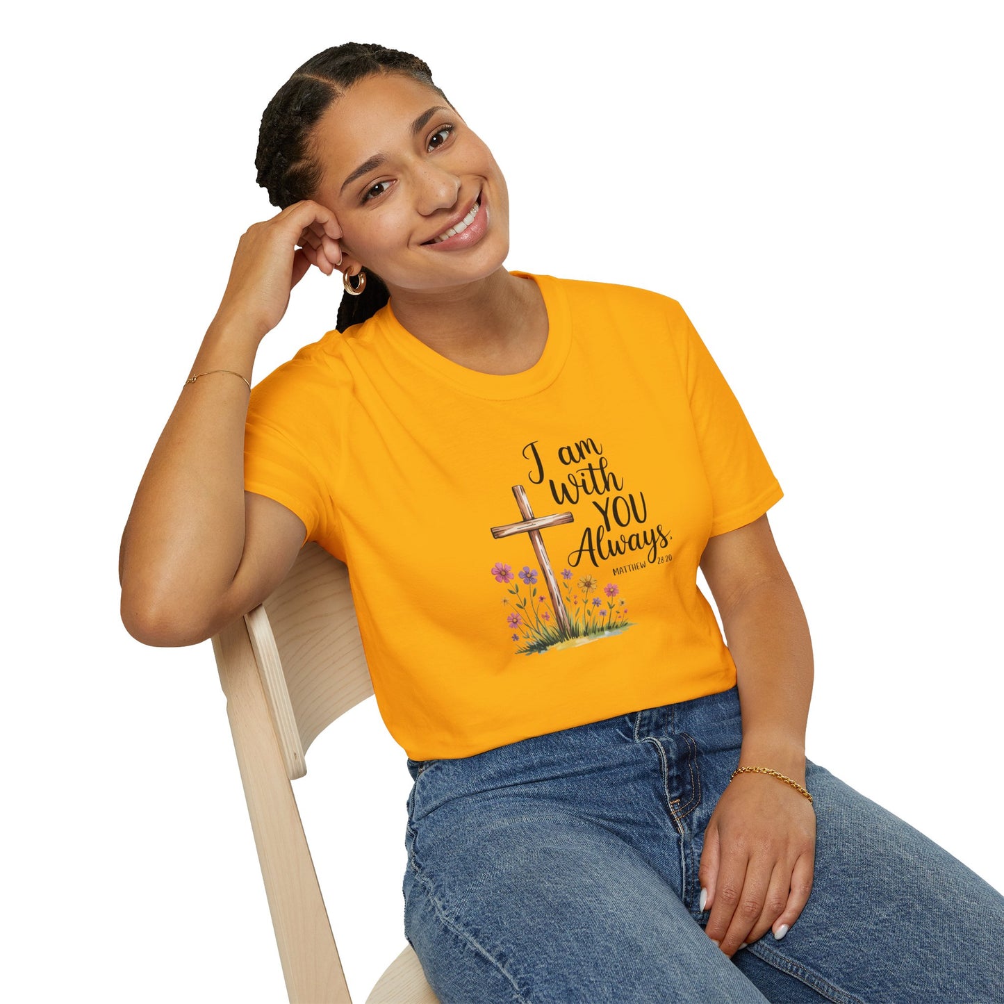 I Am With You Always Christian T-Shirt – Matthew 28:20 Scripture Tee with Cross and Flowers, Faith Inspirational Shirt