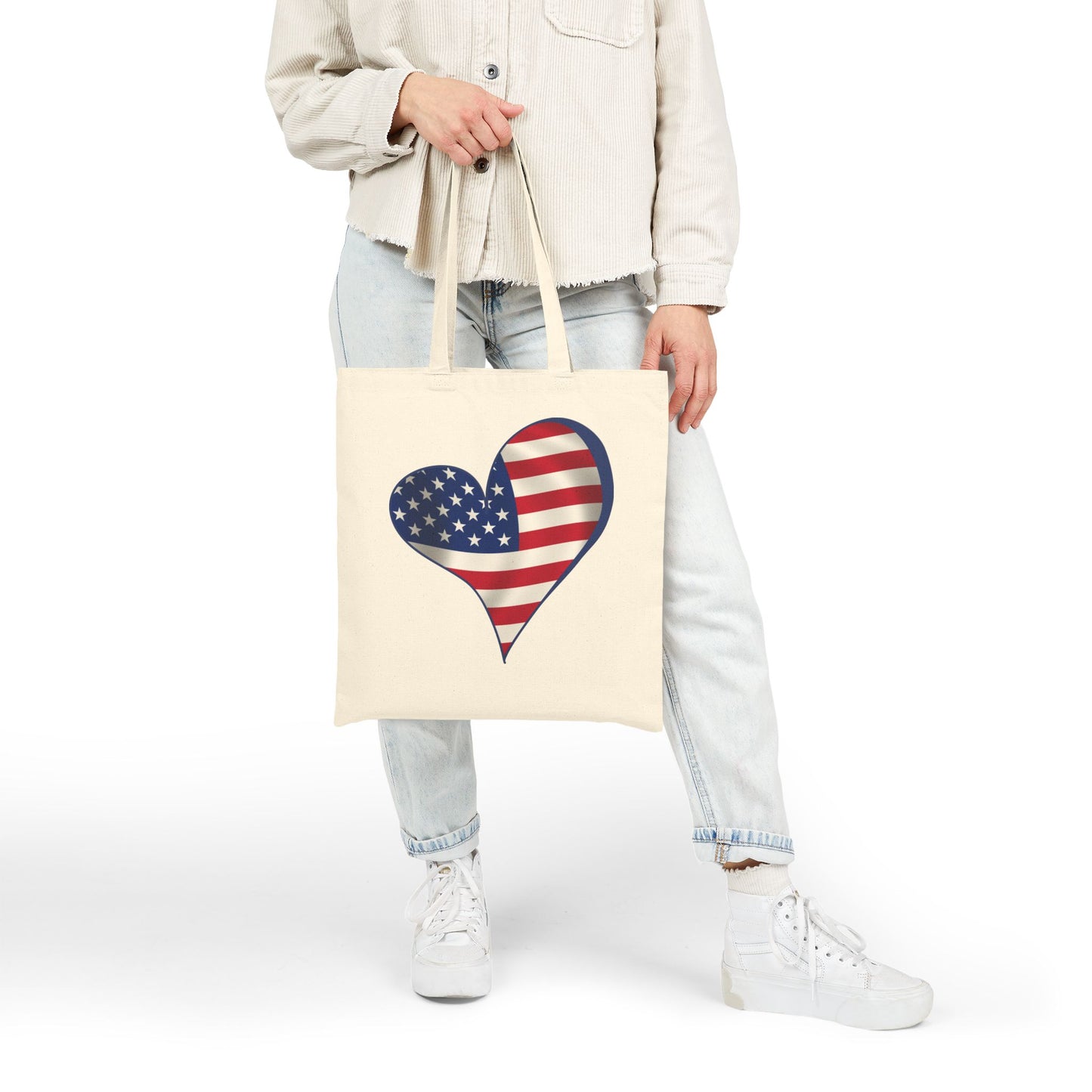 American Flag Heart Tote Bag, Cotton Canvas Grocery Shopping Beach Handbag, USA Pride Gift, Patriotic Shoulder Bag