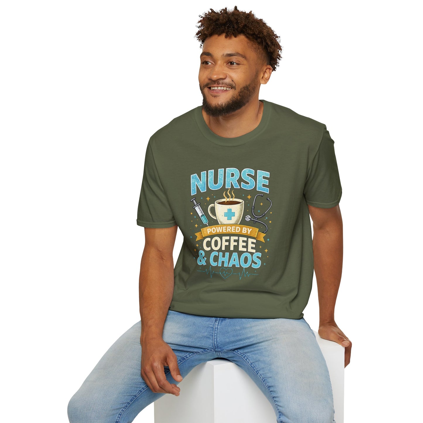 Nurse Powered by Coffee & Chaos Shirt, Funny Nurse Tee, RN CNA Gift, Nurse Life Graphic T-Shirt, Medical Worker Gift, Cute Nursing Shirt for Women Men