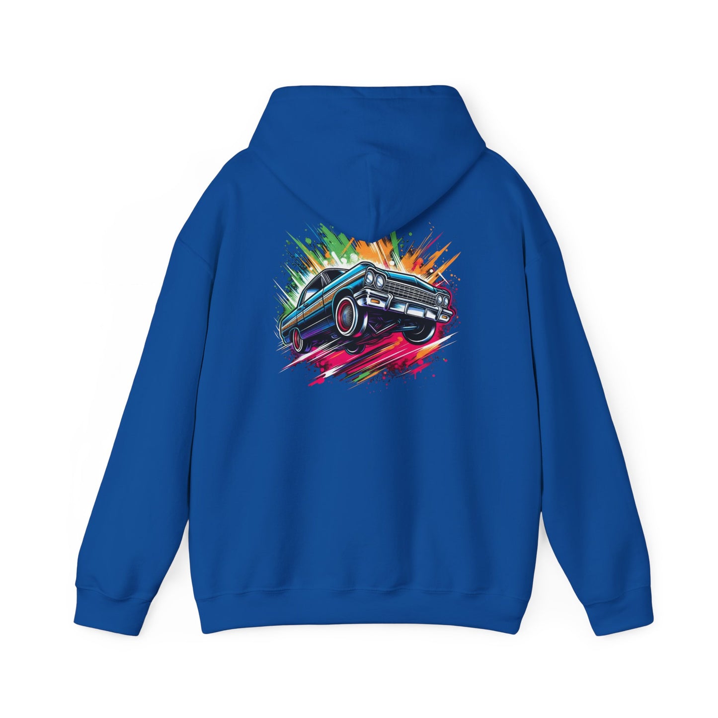 Chevy Impala Hydraulics Lowrider Colorful Drawing Graphic Hoodie - Old School Hip Hop Cholo Art Design - Chicano Car Club Graphic Hoodie