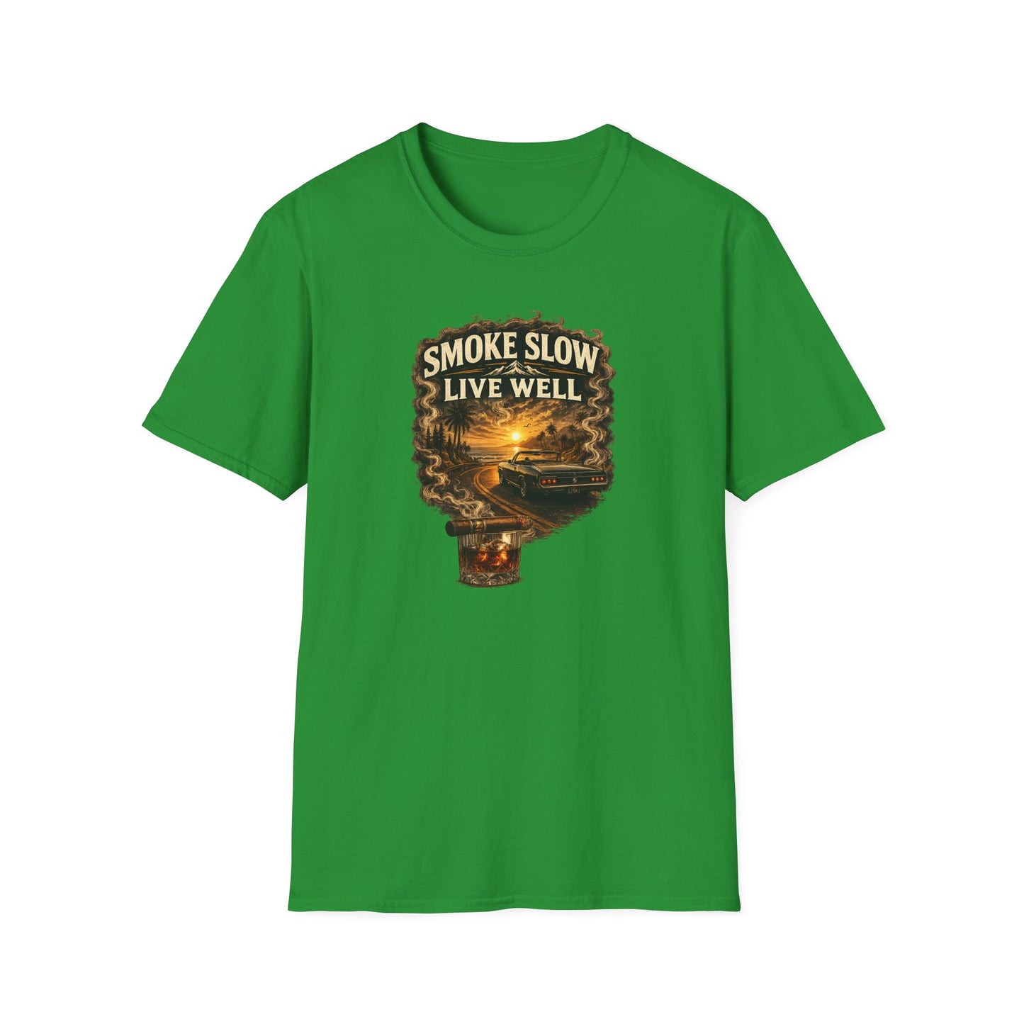 Smoke Slow Live Well Classic Car T-Shirt – Cigar, Whiskey & Sunset Cruise Tee  ⭐ Product Description