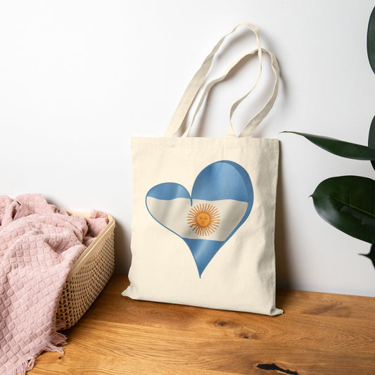 Argentina Flag Heart Tote Bag, Cotton Canvas Shopping Beach Handbag, Argentina Pride Gift, Patriotic Shoulder Bag, Reusable Eco-Friendly