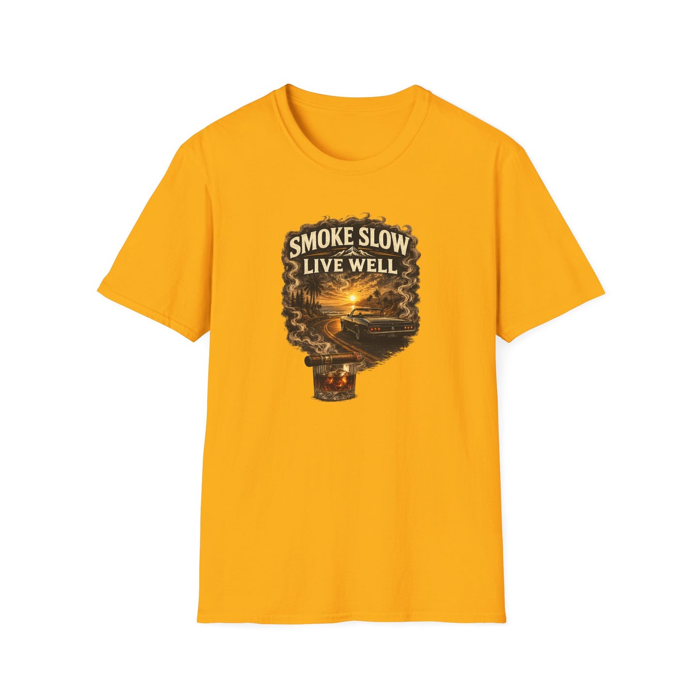 Smoke Slow Live Well Classic Car T-Shirt – Cigar, Whiskey & Sunset Cruise Tee  ⭐ Product Description