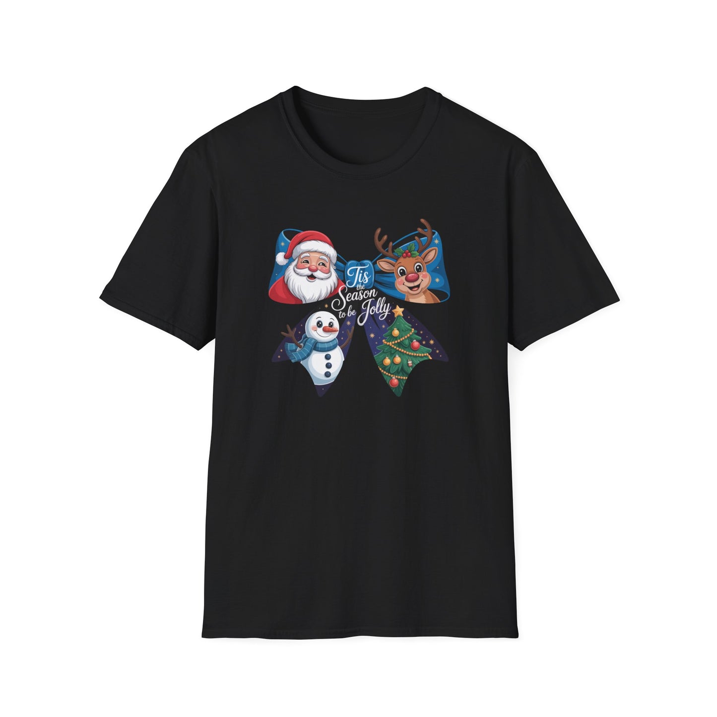 ’Tis the Season to Be Jolly Christmas T-Shirt – Cute Santa Reindeer Snowman & Christmas Tree Bow Holiday Tee