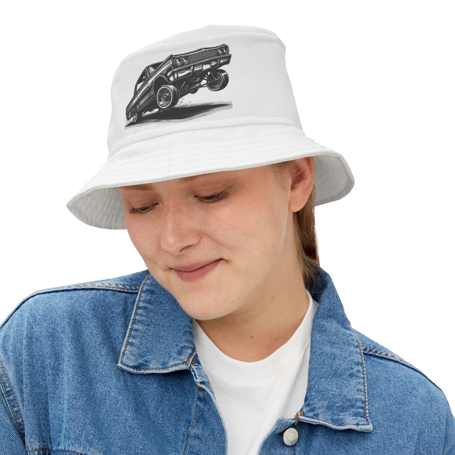 Vintage Lowrider Ink Drawing Bucket Hat, Classic Lowrider with Hydraulics Hopping, Car Lover, Old School Hip Hop Cholo Hat, Dad Gift