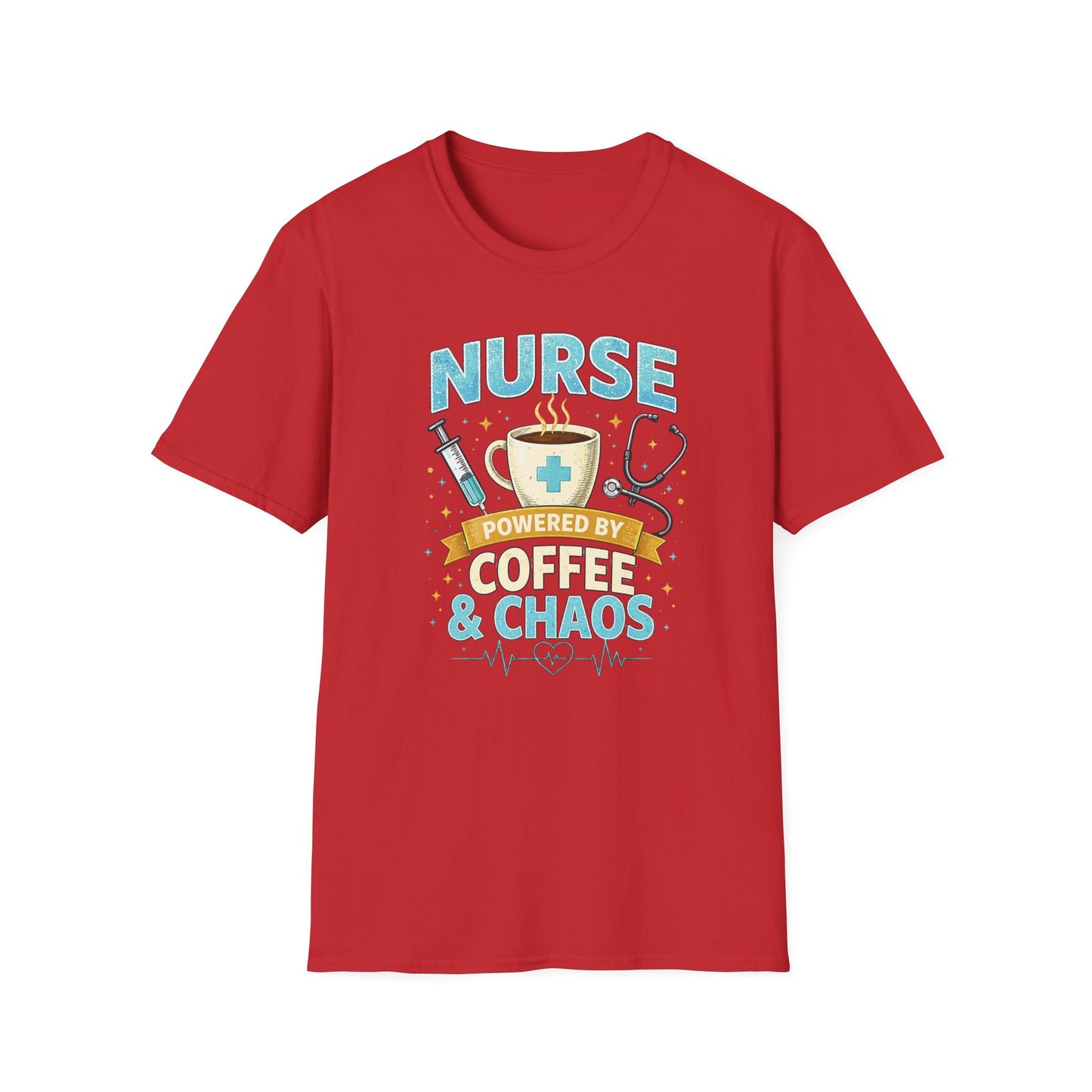 Nurse Powered by Coffee & Chaos Shirt, Funny Nurse Tee, RN CNA Gift, Nurse Life Graphic T-Shirt, Medical Worker Gift, Cute Nursing Shirt for Women Men