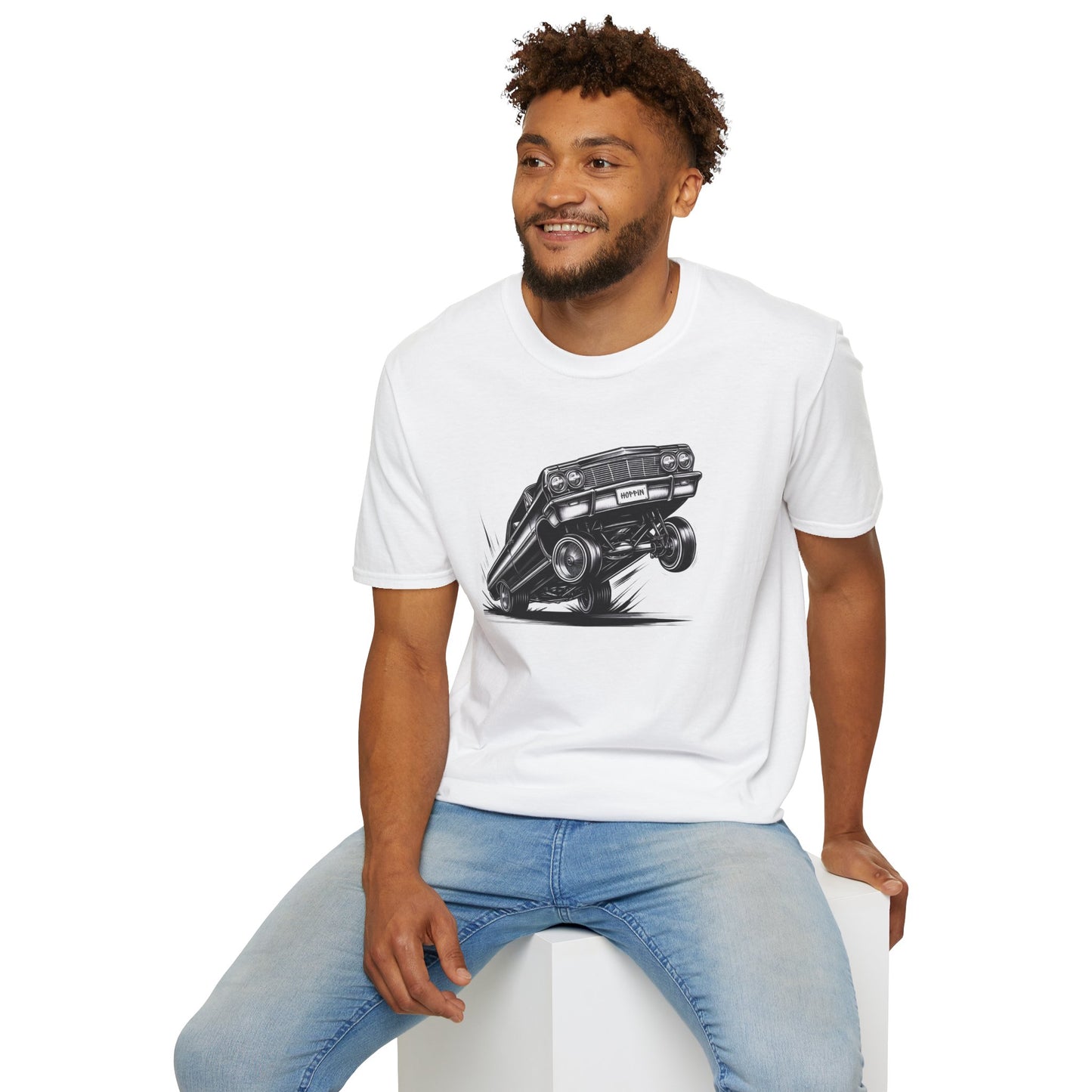 1964 Chevy Impala Hydraulics Lowrider Ink Drawing T-Shirt - Chicano Car Club Graphic Tee - Old School Hip Hop Cholo Art Tee Design