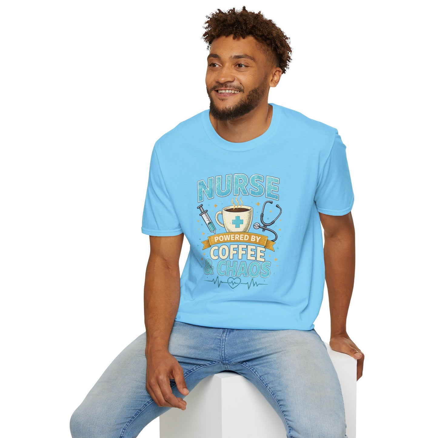 Nurse Powered by Coffee & Chaos Shirt, Funny Nurse Tee, RN CNA Gift, Nurse Life Graphic T-Shirt, Medical Worker Gift, Cute Nursing Shirt for Women Men
