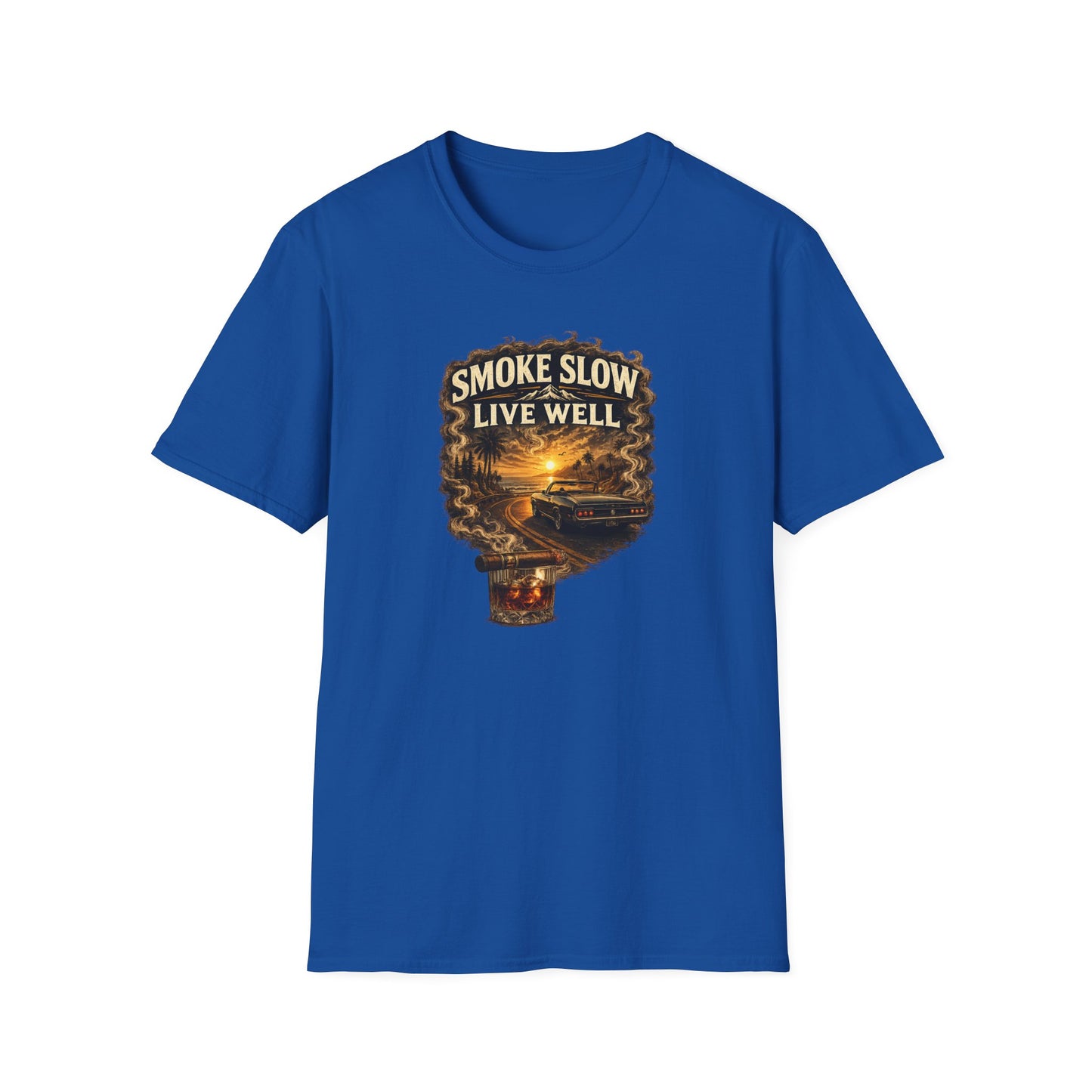 Smoke Slow Live Well Classic Car T-Shirt – Cigar, Whiskey & Sunset Cruise Tee  ⭐ Product Description