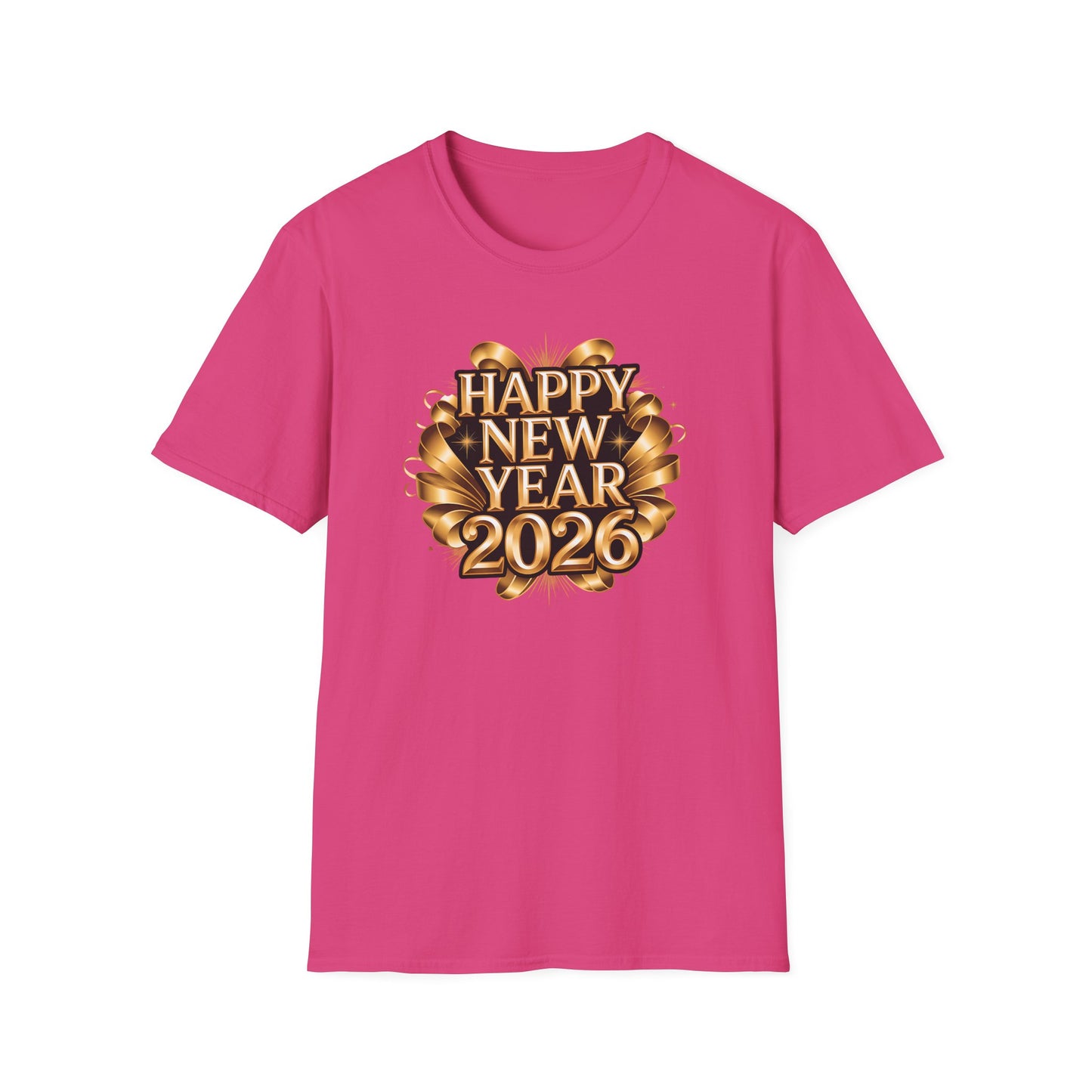 Happy New Year 2026 T-Shirt – Gold Metallic New Year Shirt, Luxury 2026 NYE Celebration Tee with Ribbon Design, Elegant New Year’s Eve Party Top