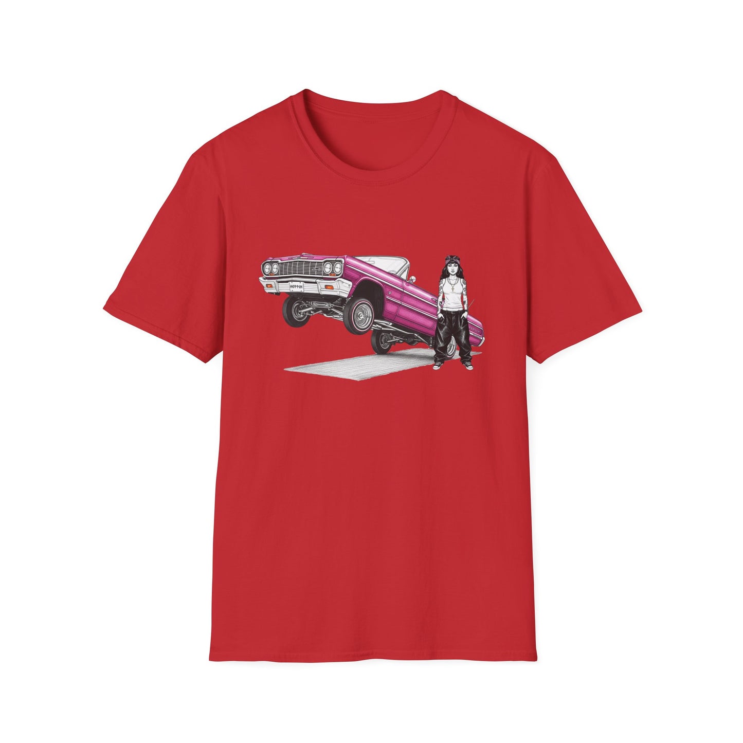 1964 Chevy Impala Hydraulics Lowrider Ink Drawing T-Shirt - Old School Hip Hop Cholo Art Tee Design - Chicano Car Club Graphic Tee