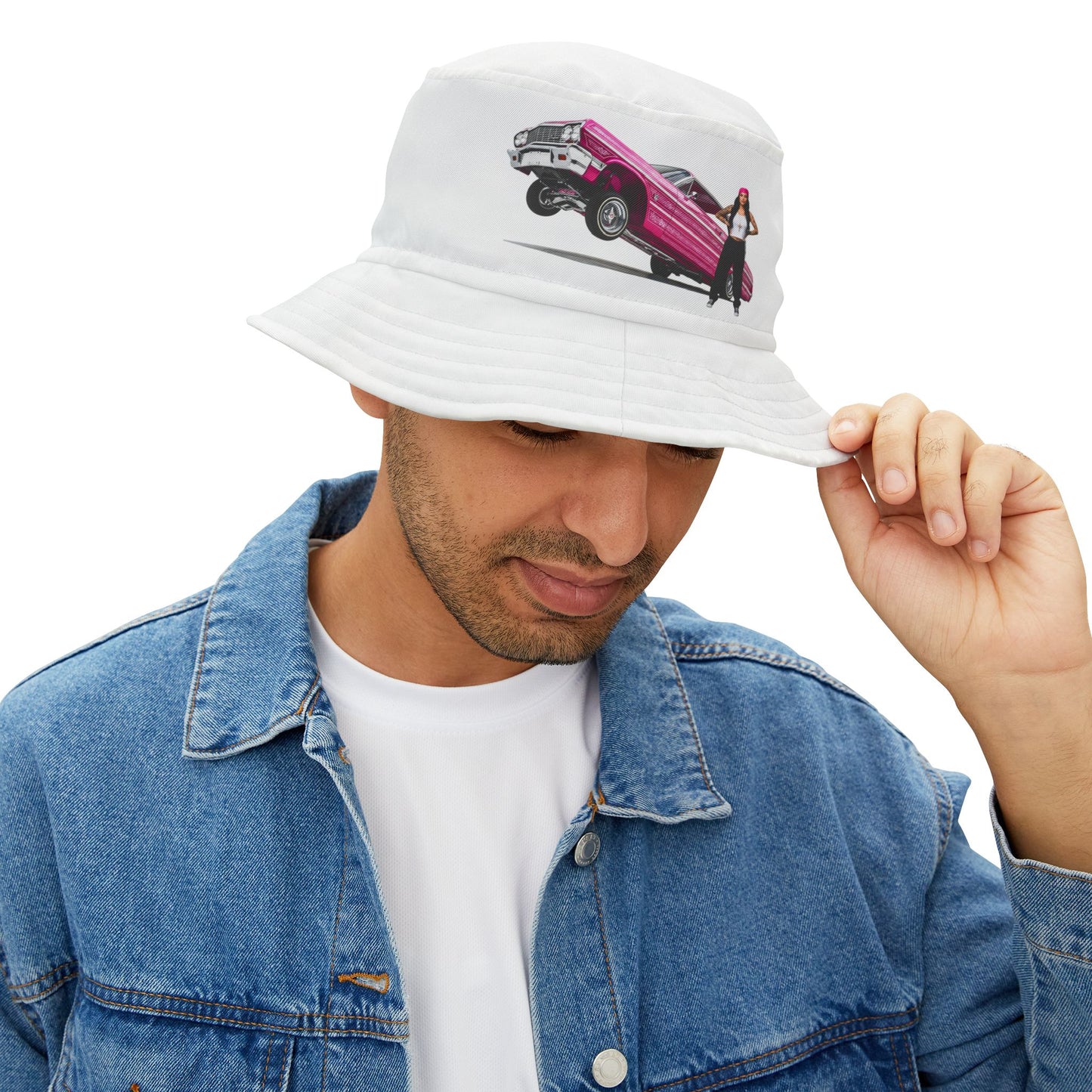 1964 Chevy Impala Hydraulics Lowrider Graphic Bucket Hat - Old School Hip Hop Cholo Art Hat Design - Chicano Car Club Graphic Hat