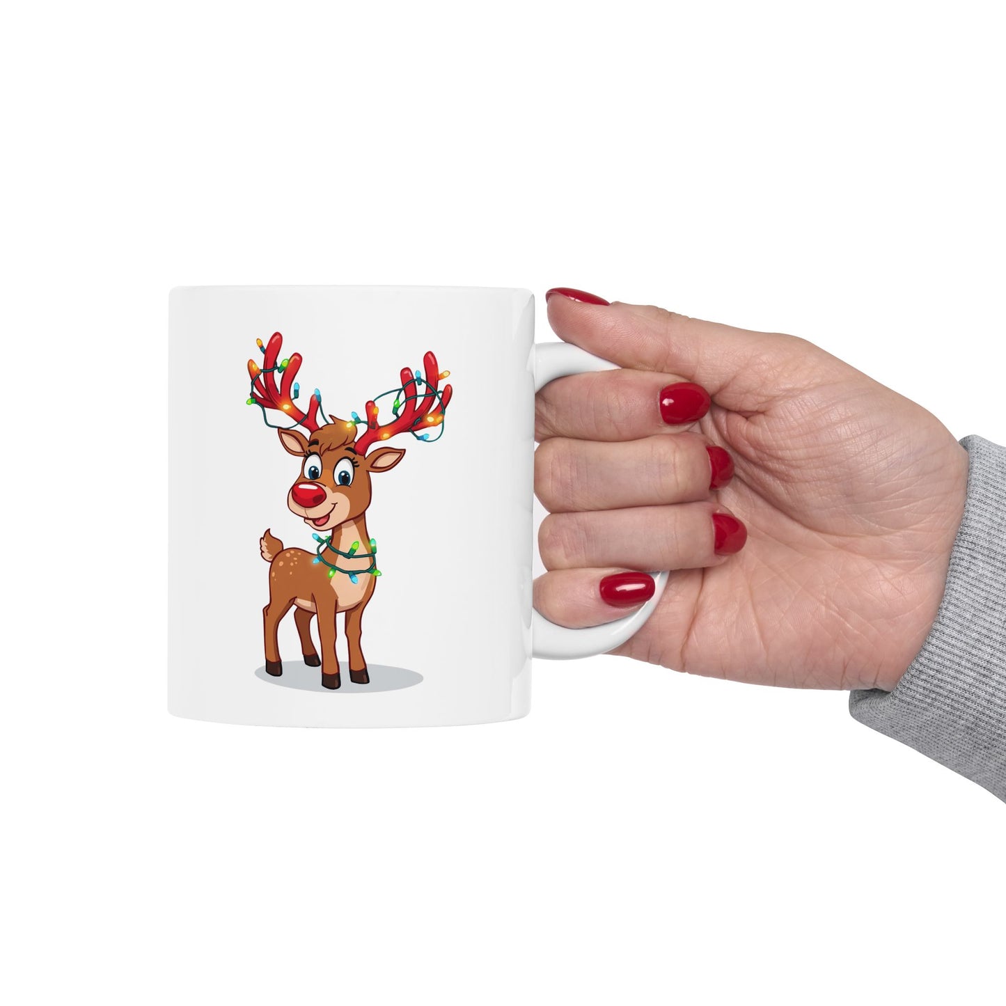 Reindeer Christmas Lights Mug – Cute Holiday Coffee Cup, Festive Reindeer Ceramic Mug, Christmas Gift Idea (11oz/15oz)