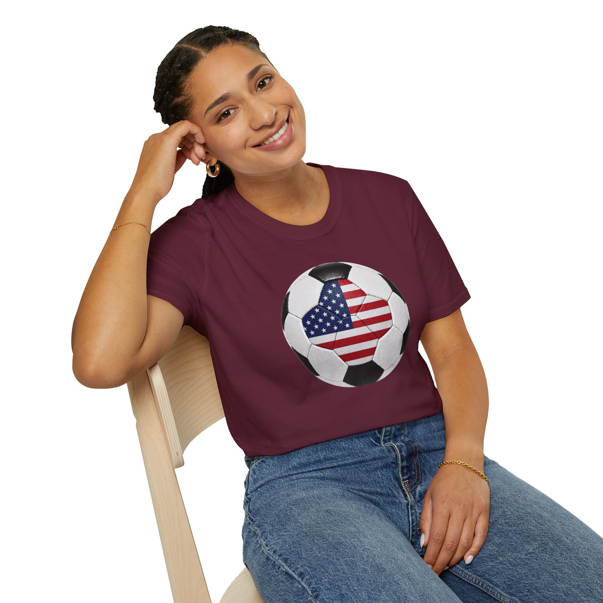 USA Soccer Ball Shirt, American Flag Soccer Tee, Red White Blue Soccer T-Shirt, Patriotic Game Day Fan Shirt