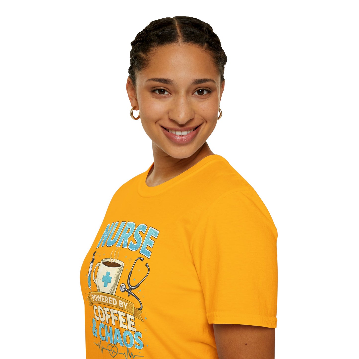 Nurse Powered by Coffee & Chaos Shirt, Funny Nurse Tee, RN CNA Gift, Nurse Life Graphic T-Shirt, Medical Worker Gift, Cute Nursing Shirt for Women Men