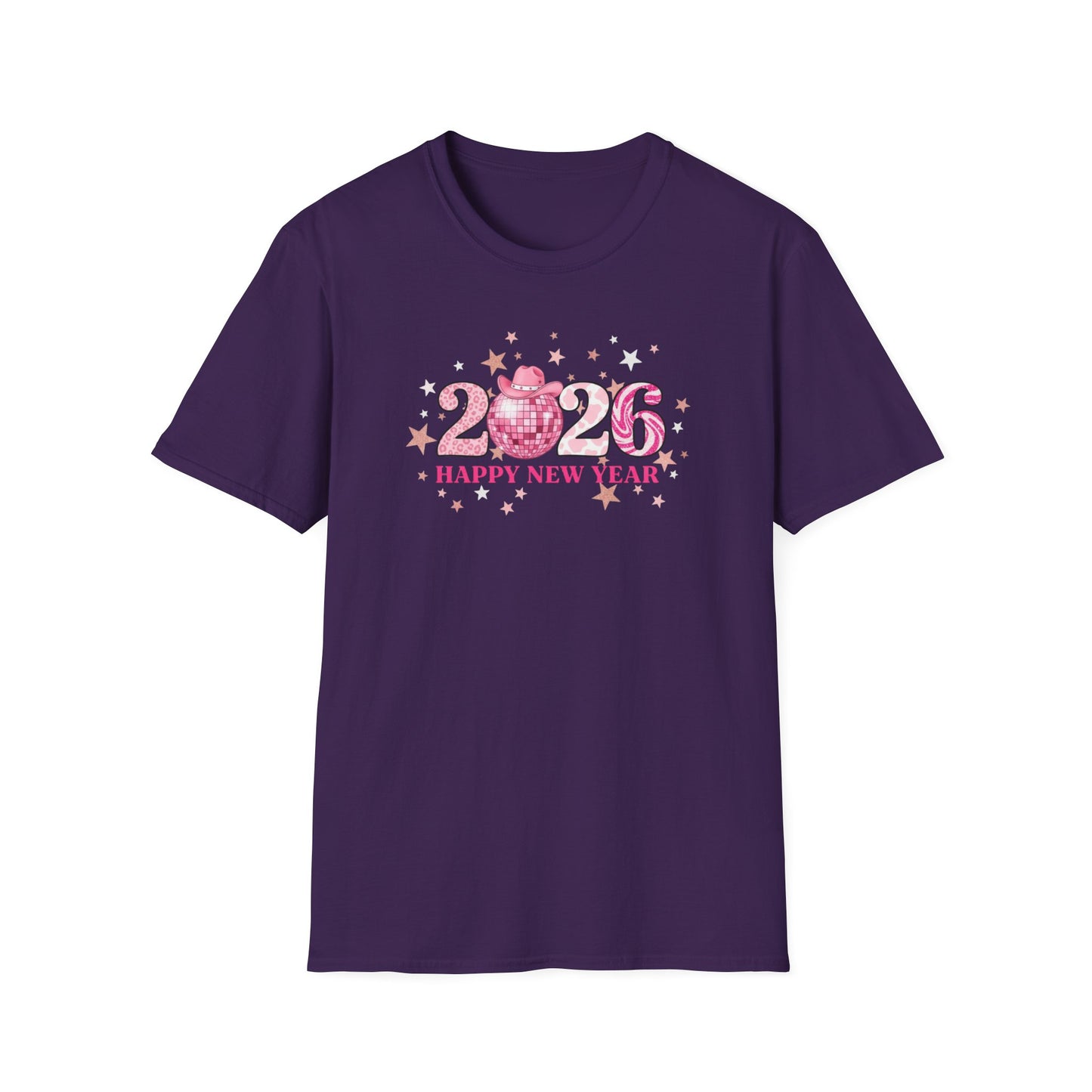 Happy New Year 2026 Pink Disco Cowgirl T-Shirt – Western New Year Shirt, Cute Pink 2026 Tee with Cowboy Hat & Stars, NYE Party Graphic Top