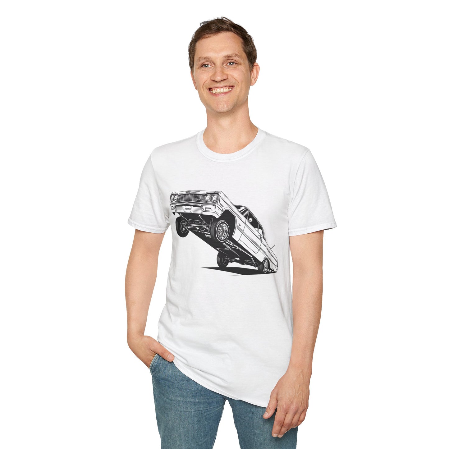 1964 Chevy Impala Hydraulics Lowrider Ink Drawing T-Shirt - Old School Hip Hop Cholo Art Tee Design - Chicano Car Club Graphic Tee