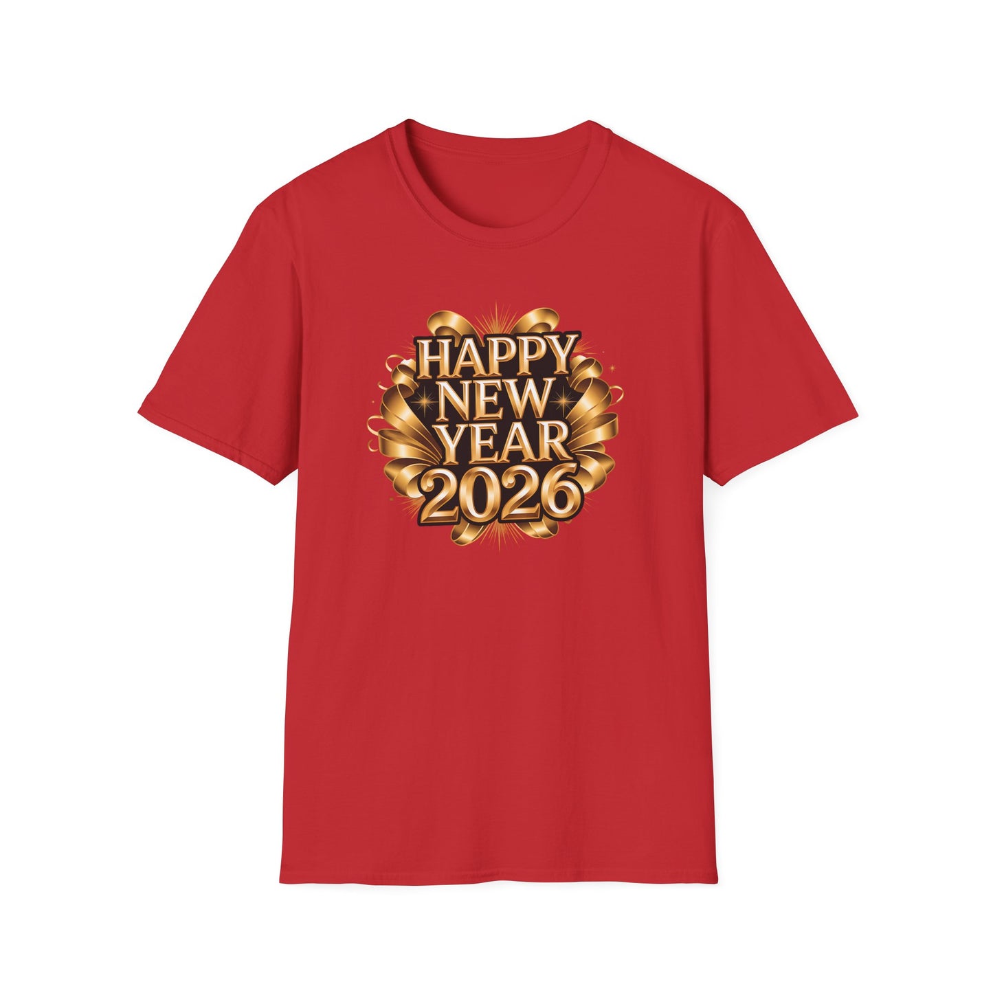 Happy New Year 2026 T-Shirt – Gold Metallic New Year Shirt, Luxury 2026 NYE Celebration Tee with Ribbon Design, Elegant New Year’s Eve Party Top