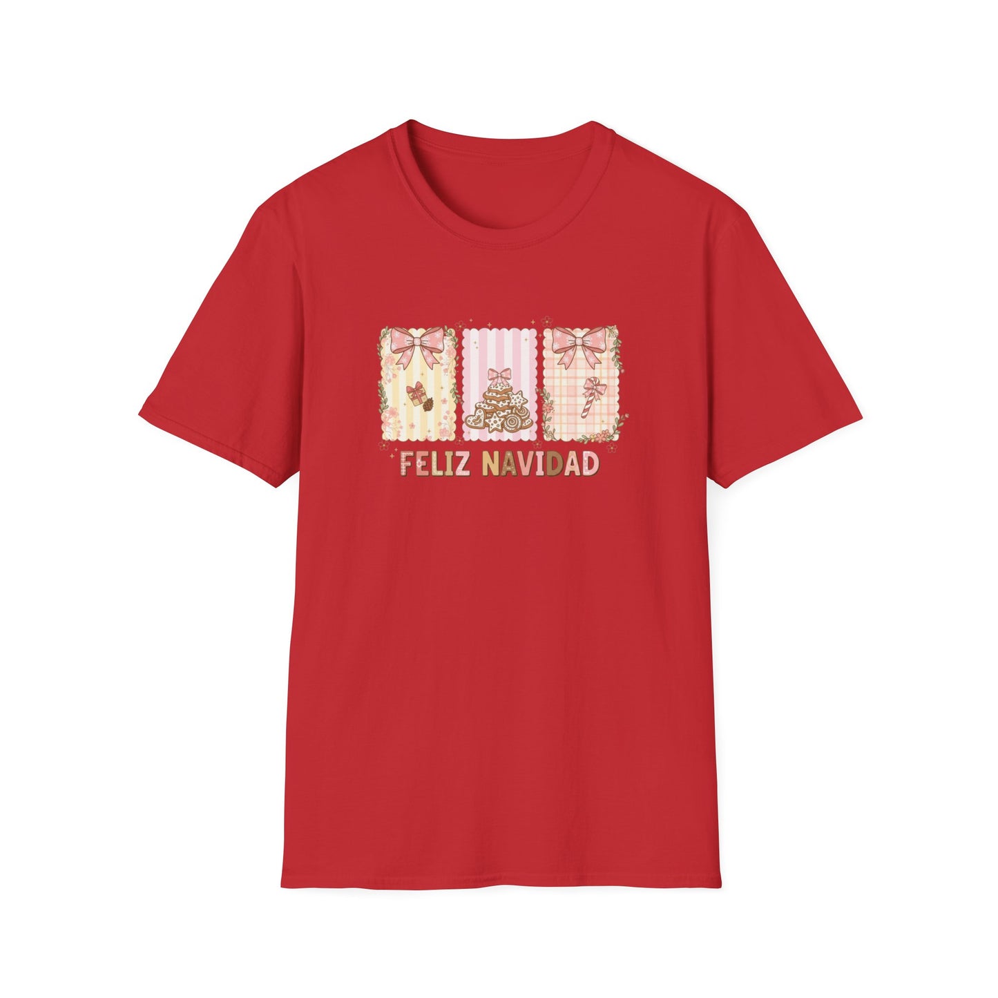 Feliz Navidad Christmas T-Shirt – Cute Pastel Holiday Tee with Bows & Gingerbread Design, Festive Spanish Christmas Shirt