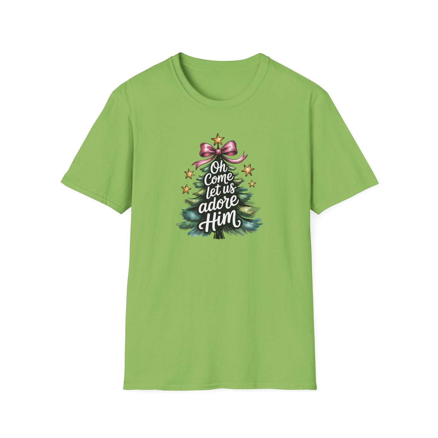 Oh Come Let Us Adore Him Christmas T-Shirt – Christian Holiday Tee with Bow and Christmas Tree Design