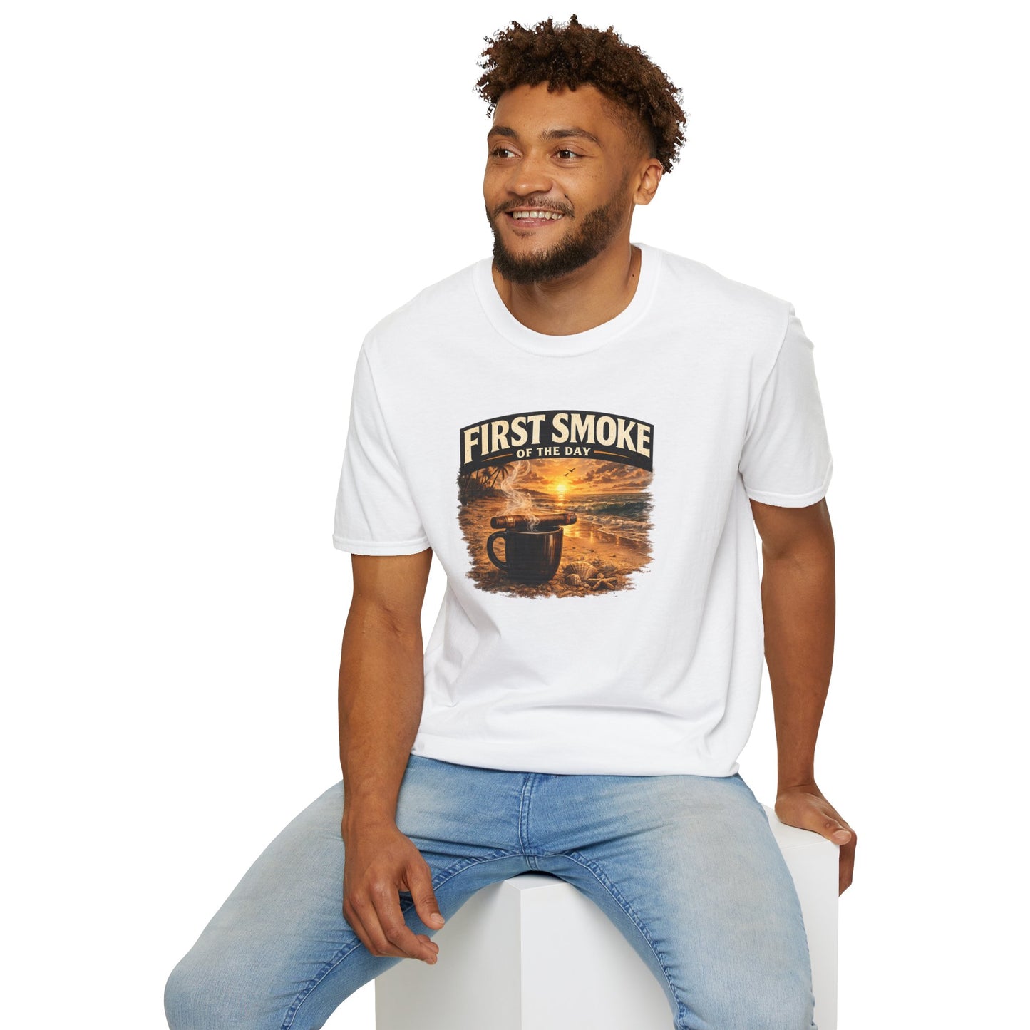 First Smoke of the Day T-Shirt – Cigar & Coffee Beach Sunrise Tee