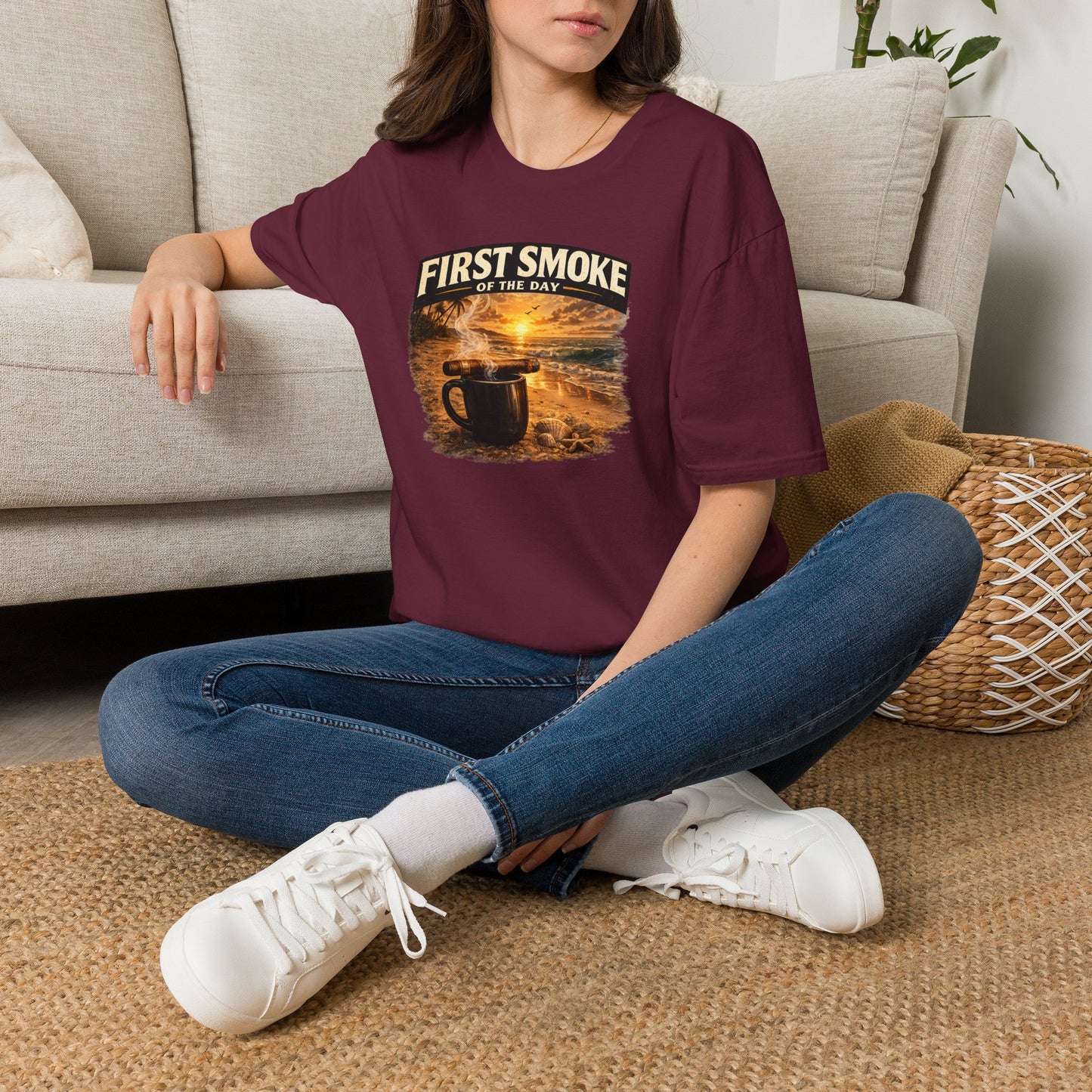 First Smoke of the Day T-Shirt – Cigar & Coffee Beach Sunrise Tee