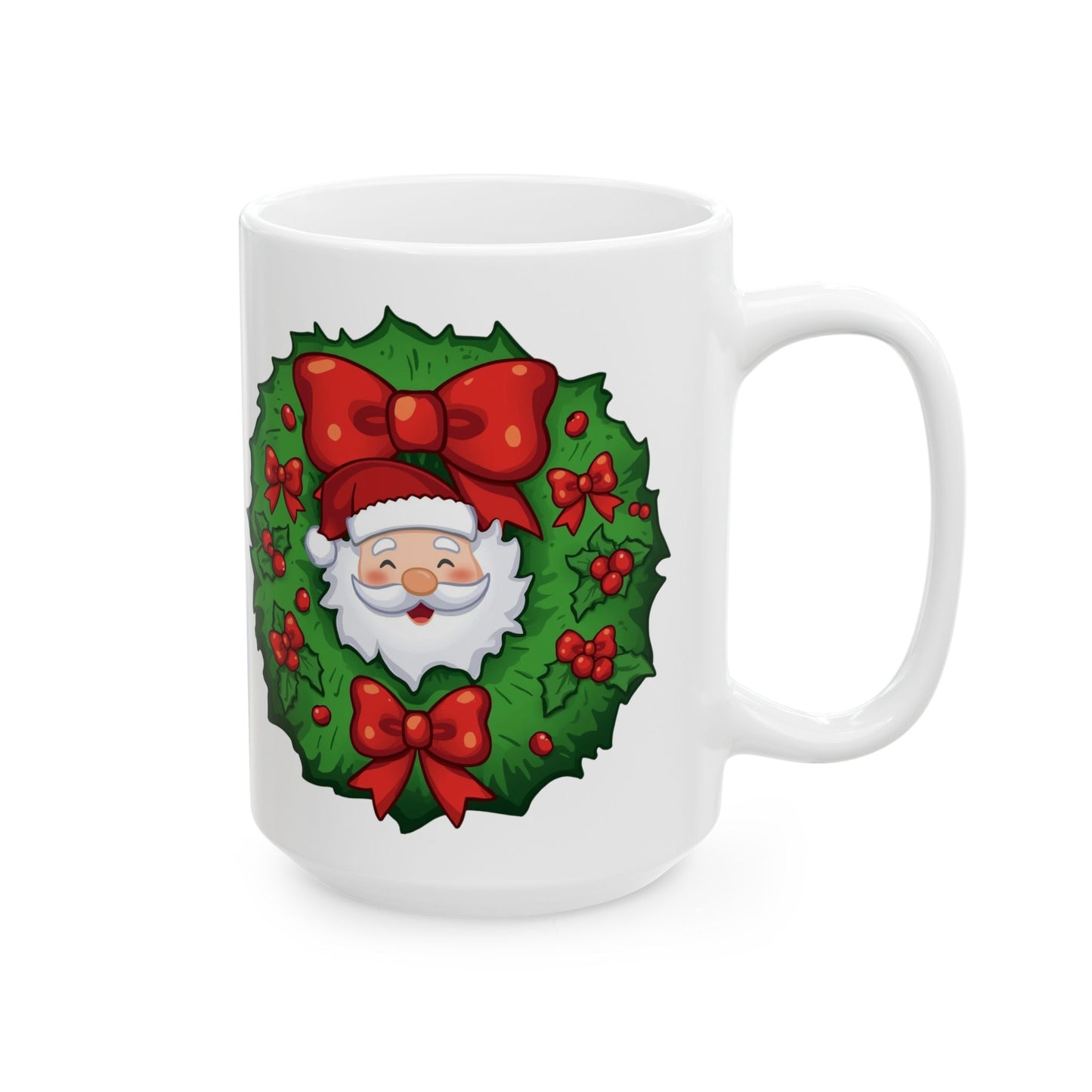 Santa in the Wreath Mug – Cute Holiday Coffee Cup, Festive Santa Ceramic Mug, Christmas Gift Idea (11oz/15oz)