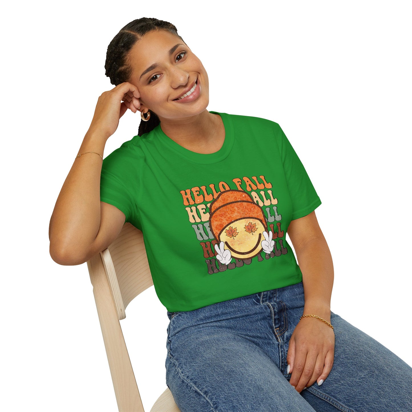 Hello Fall Happy Face Peace T-Shirt, Autumn Graphic Tee, Relaxing Casual Top, Seasonal Clothing, Thanksgiving Tee, Friendsgiving gift