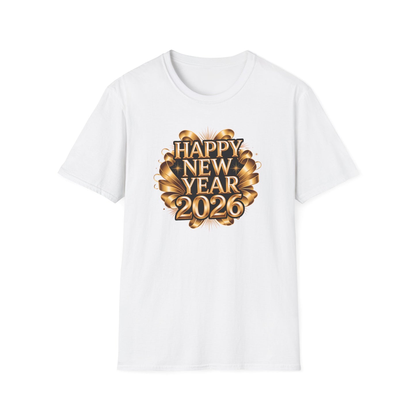 Happy New Year 2026 T-Shirt – Gold Metallic New Year Shirt, Luxury 2026 NYE Celebration Tee with Ribbon Design, Elegant New Year’s Eve Party Top