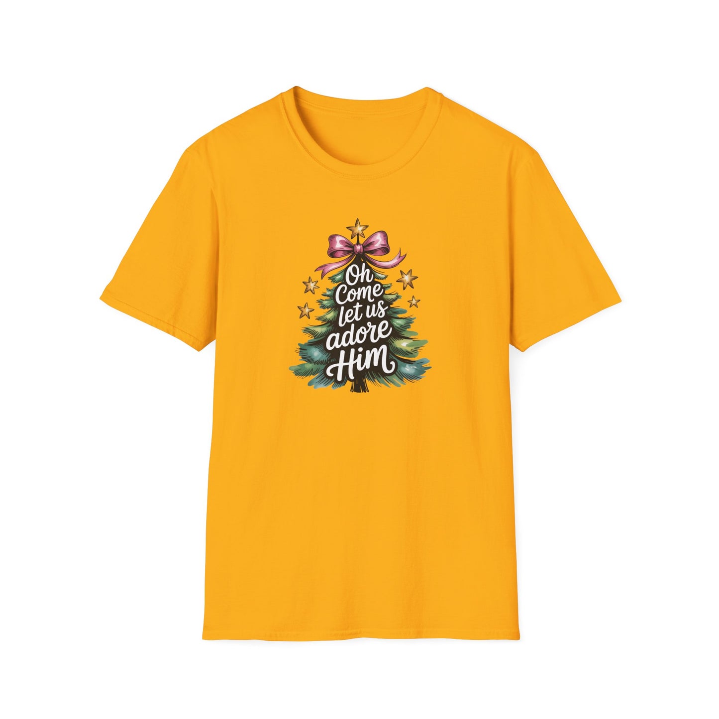 Oh Come Let Us Adore Him Christmas T-Shirt – Christian Holiday Tee with Bow and Christmas Tree Design