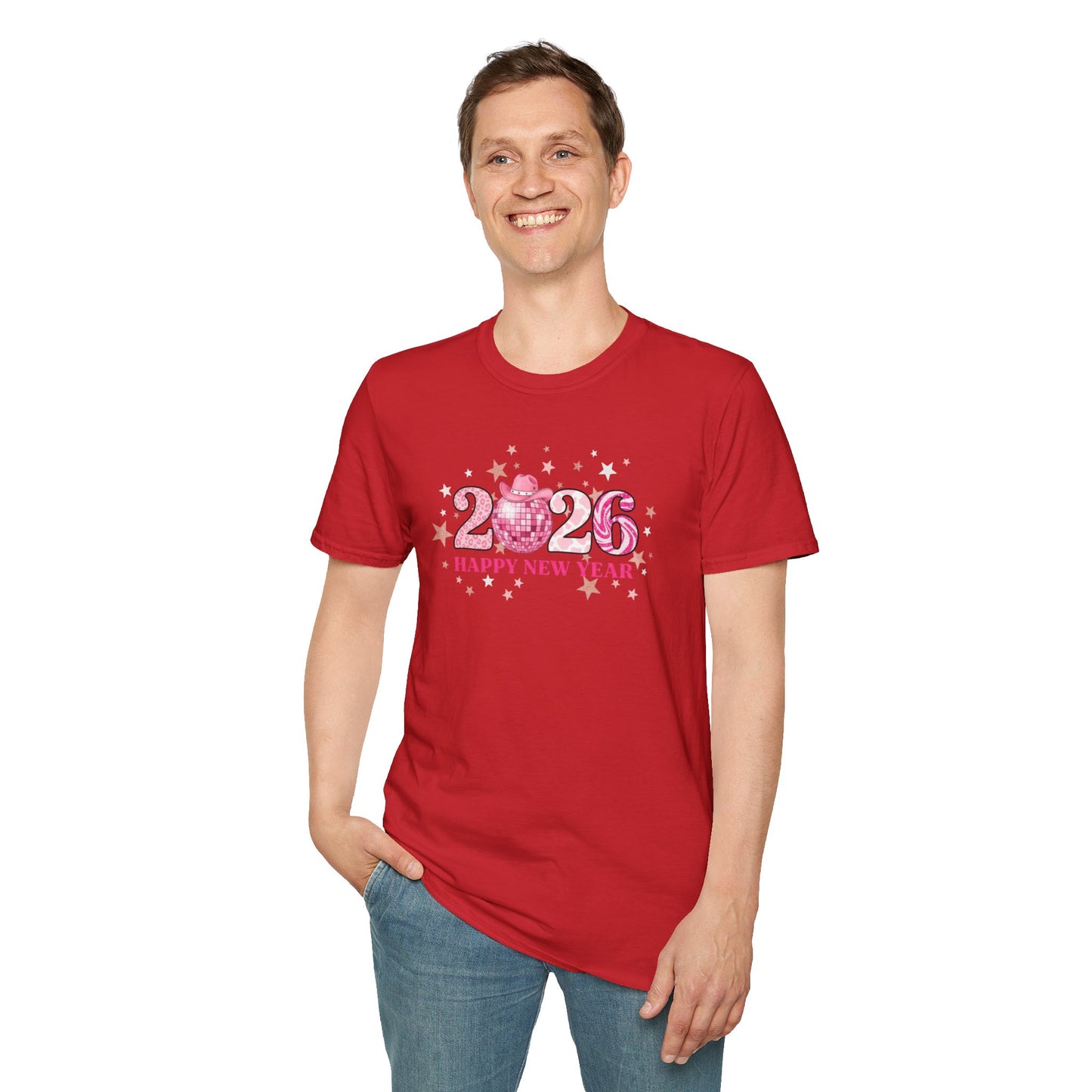 Happy New Year 2026 Pink Disco Cowgirl T-Shirt – Western New Year Shirt, Cute Pink 2026 Tee with Cowboy Hat & Stars, NYE Party Graphic Top