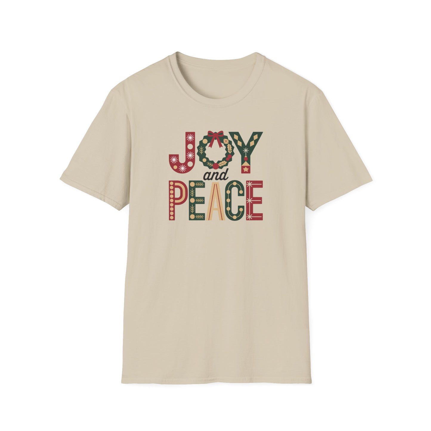 Joy and Peace Christmas T-Shirt – Festive Holiday Typography Tee with Wreath Design, Inspirational Christmas Shirt