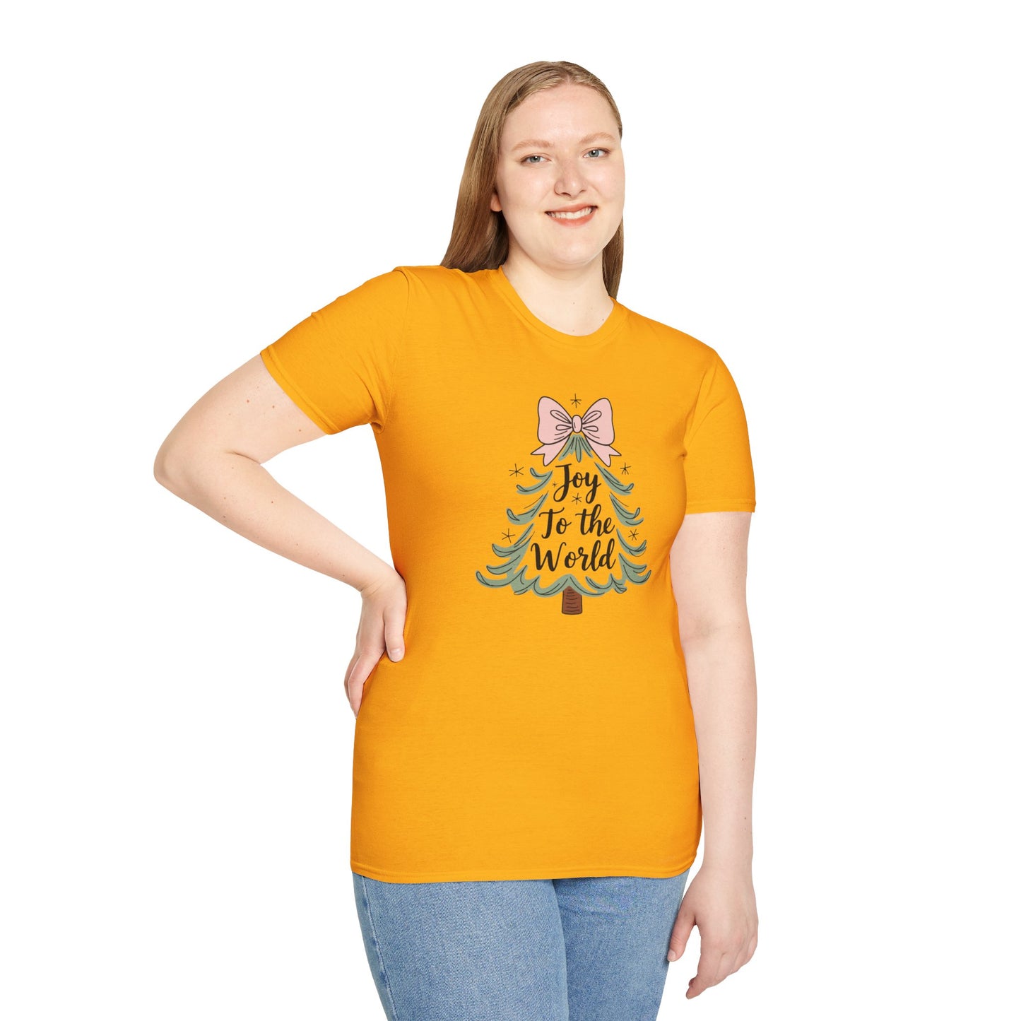 Joy to the World Christmas T-Shirt – Cute Pastel Bow Christmas Tree Tee, Festive Holiday Graphic Shirt for Women