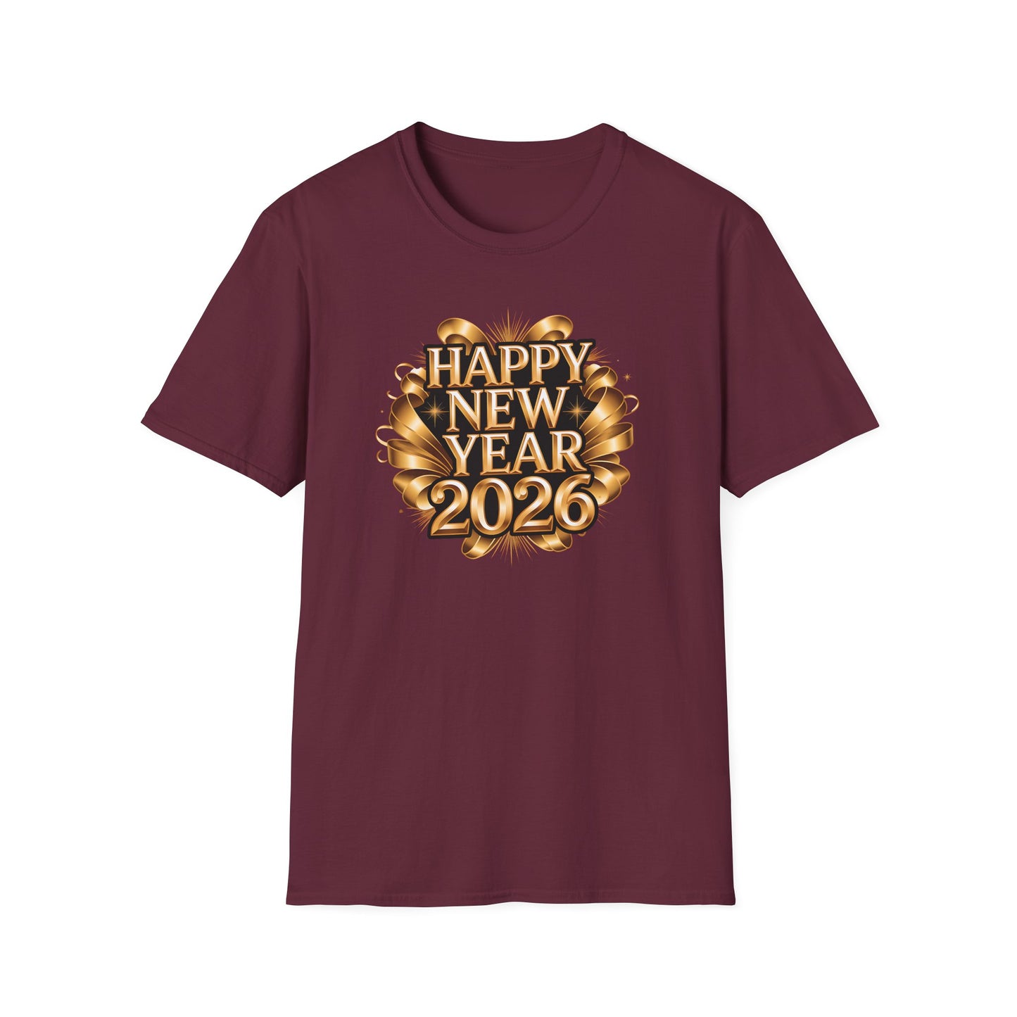 Happy New Year 2026 T-Shirt – Gold Metallic New Year Shirt, Luxury 2026 NYE Celebration Tee with Ribbon Design, Elegant New Year’s Eve Party Top