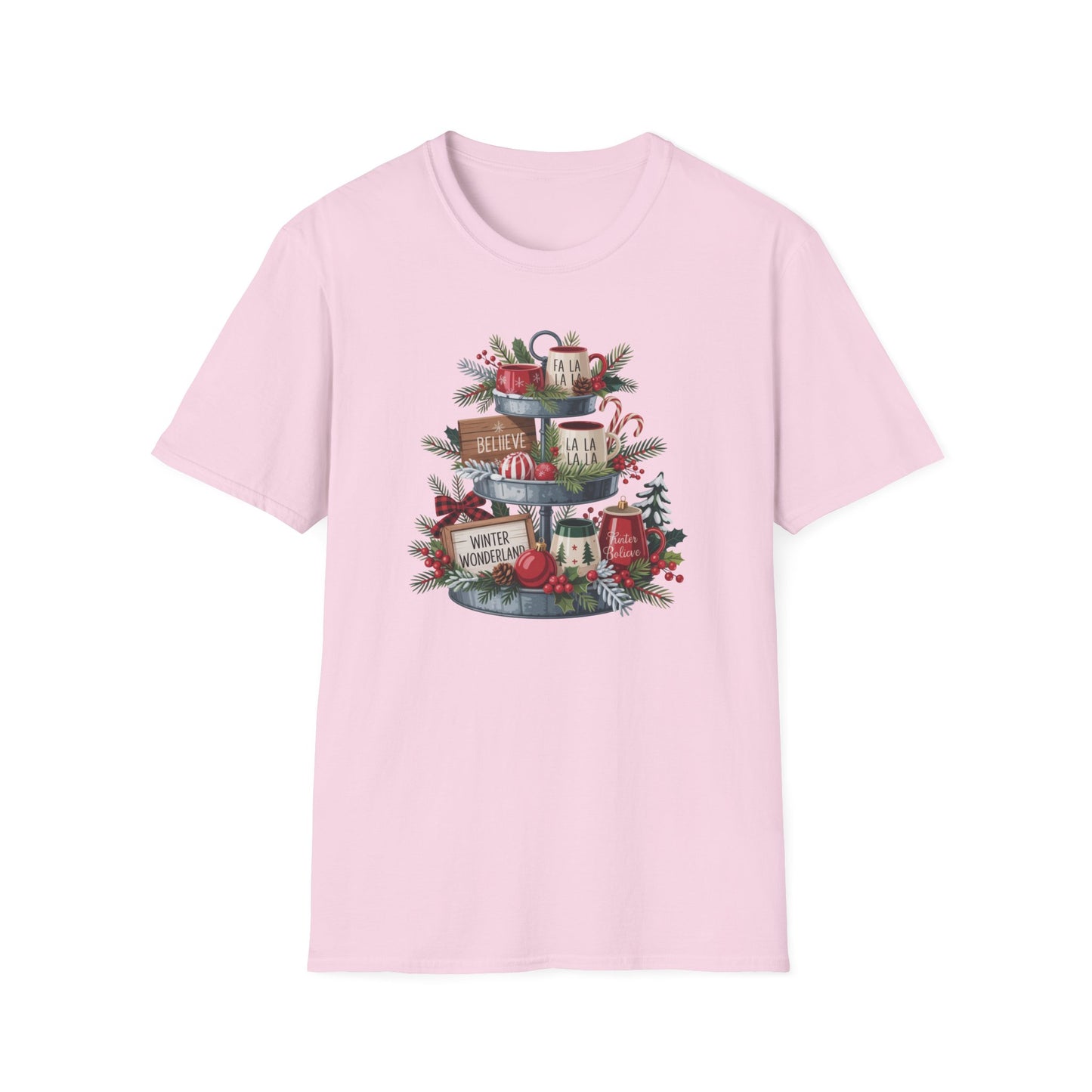 Christmas Mug Stack T-Shirt – Festive Holiday Tiered Tray Shirt with Fa La La Winter Wonderland Graphic Tee