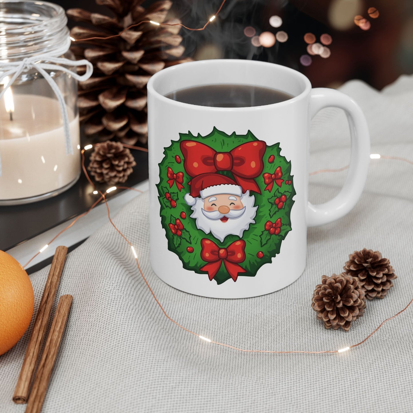 Santa in the Wreath Mug – Cute Holiday Coffee Cup, Festive Santa Ceramic Mug, Christmas Gift Idea (11oz/15oz)
