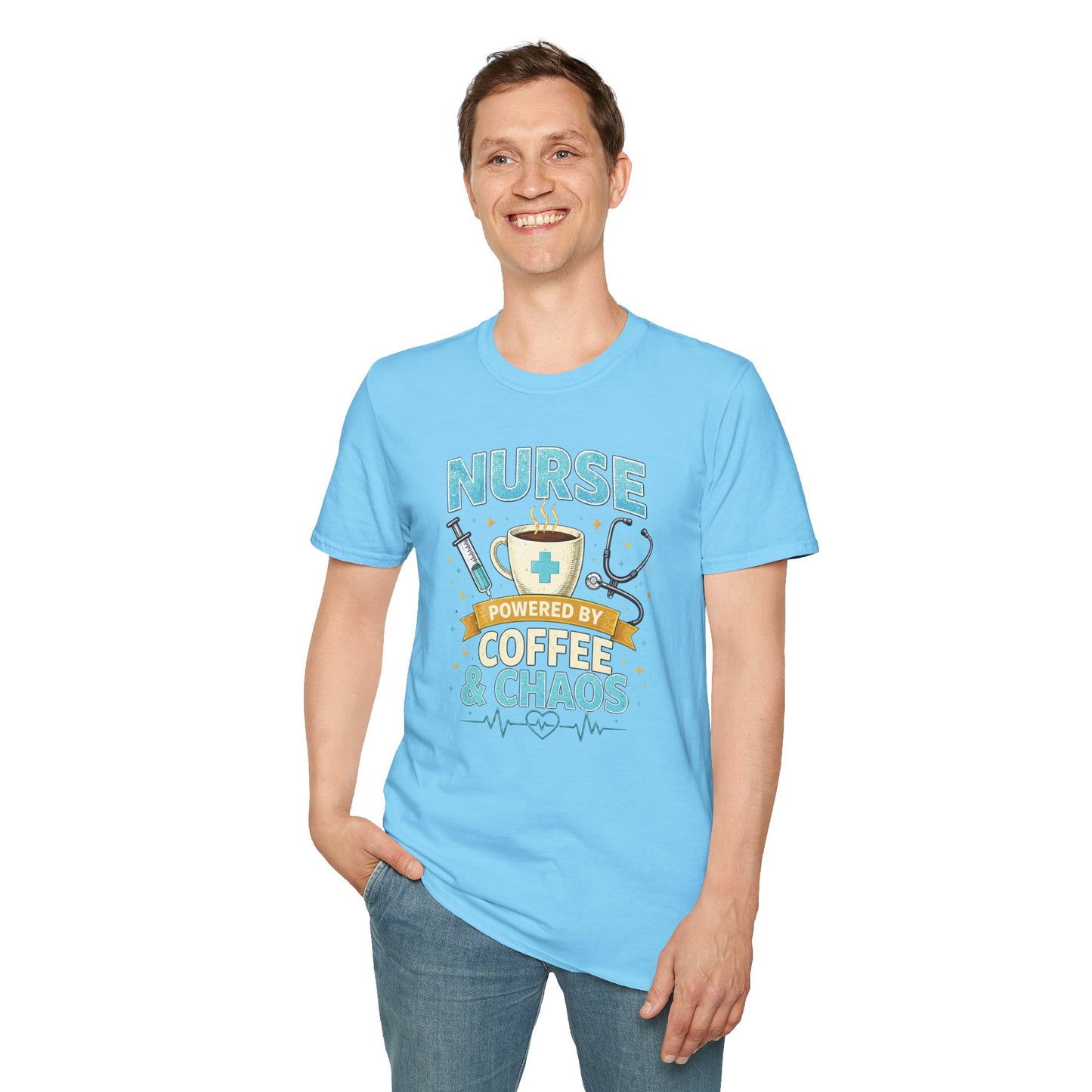 Nurse Powered by Coffee & Chaos Shirt, Funny Nurse Tee, RN CNA Gift, Nurse Life Graphic T-Shirt, Medical Worker Gift, Cute Nursing Shirt for Women Men