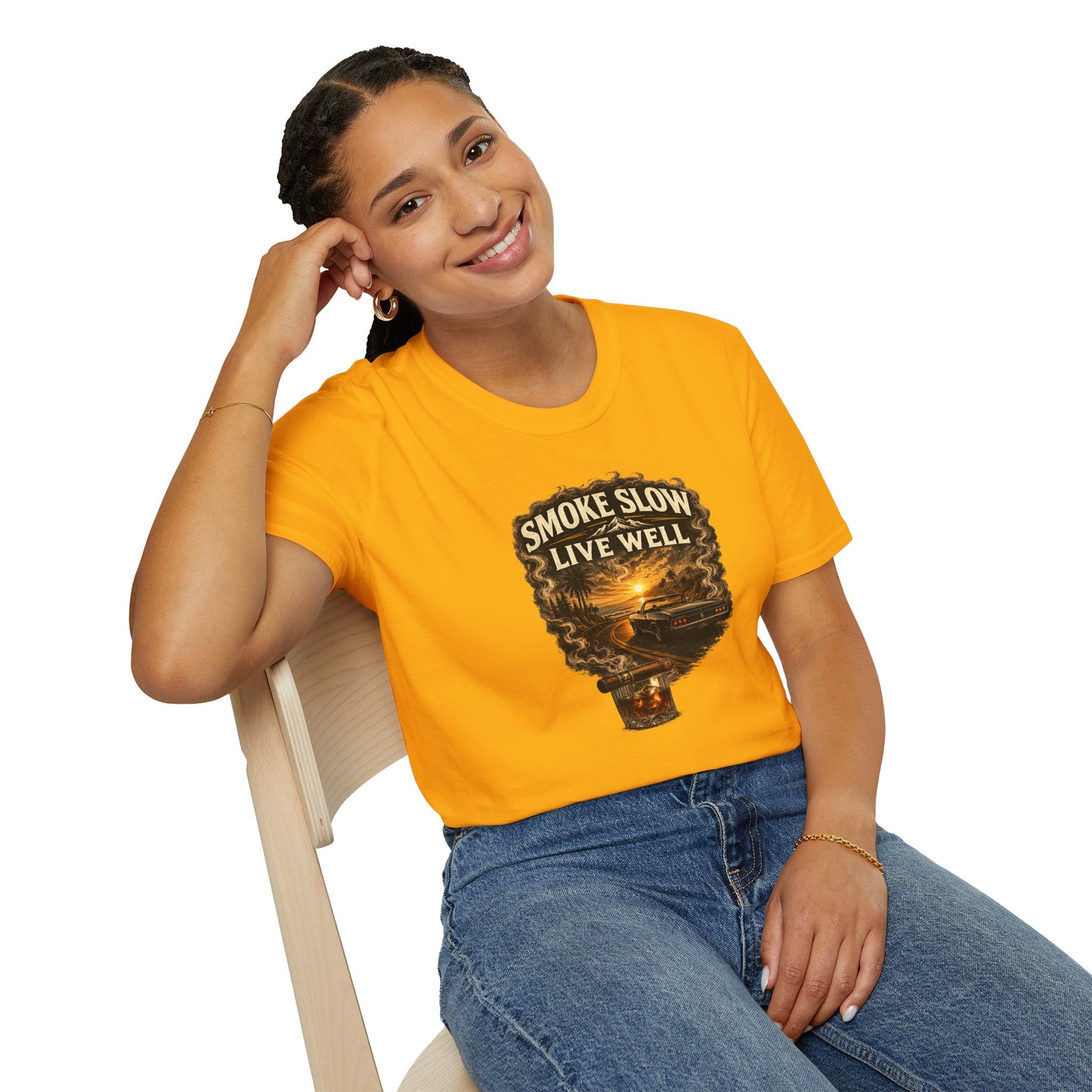 Smoke Slow Live Well Classic Car T-Shirt – Cigar, Whiskey & Sunset Cruise Tee  ⭐ Product Description